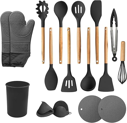 Miniatura 12 de Juego de utensilios de cocina de silicona OVENTE, 17 piezas de herramientas y gadgets de cocina resistentes al calor para utensilios de cocina Azul