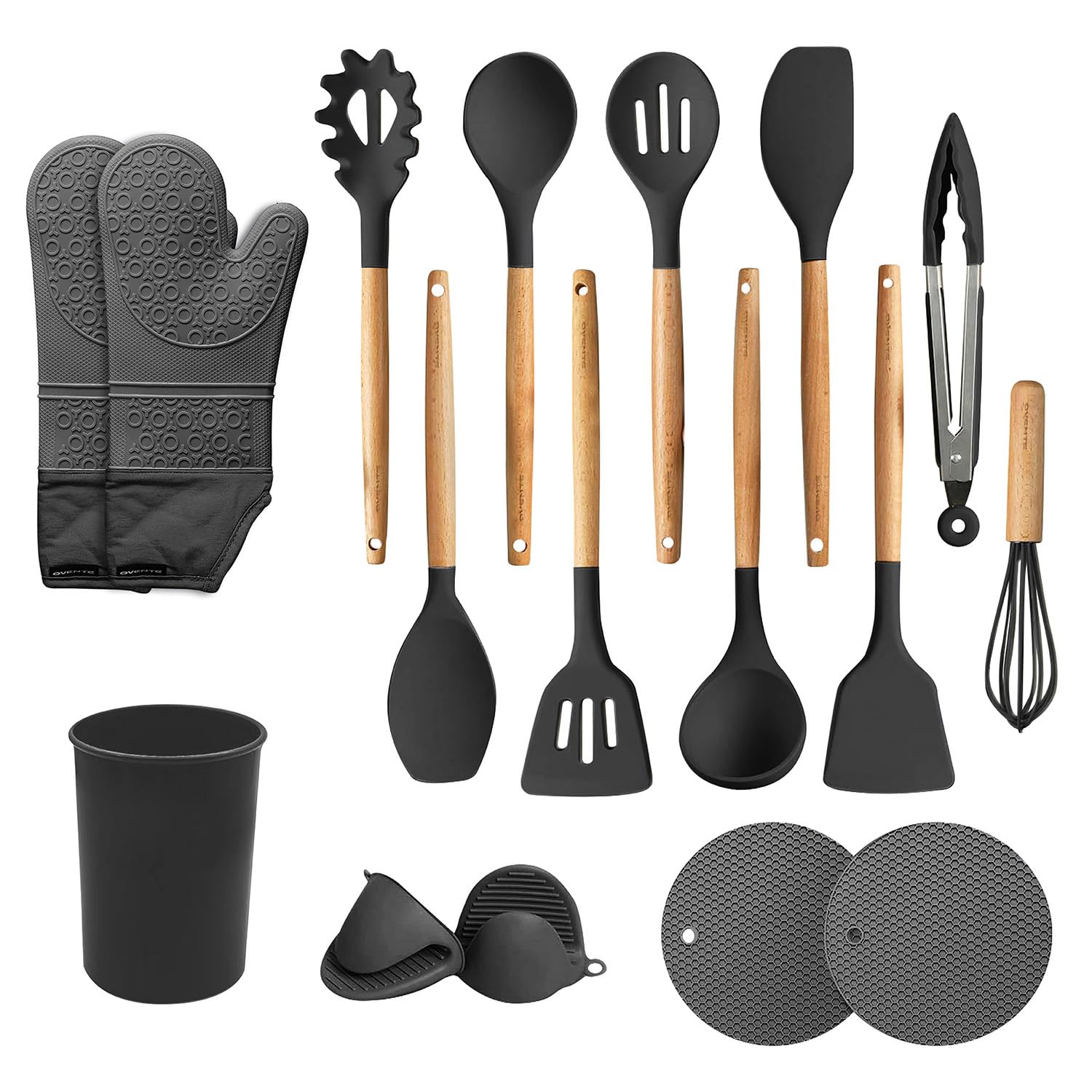 OVENTE Silicone Kitchen Cooking Utensils Set, 17pcs Heat Resistant Cooking Tools for Nonstick Cookware with Wooden Handle, BPA Free, Includes Cup Holder, Mini Oven Gloves and Hot Pads, Black SPS17B