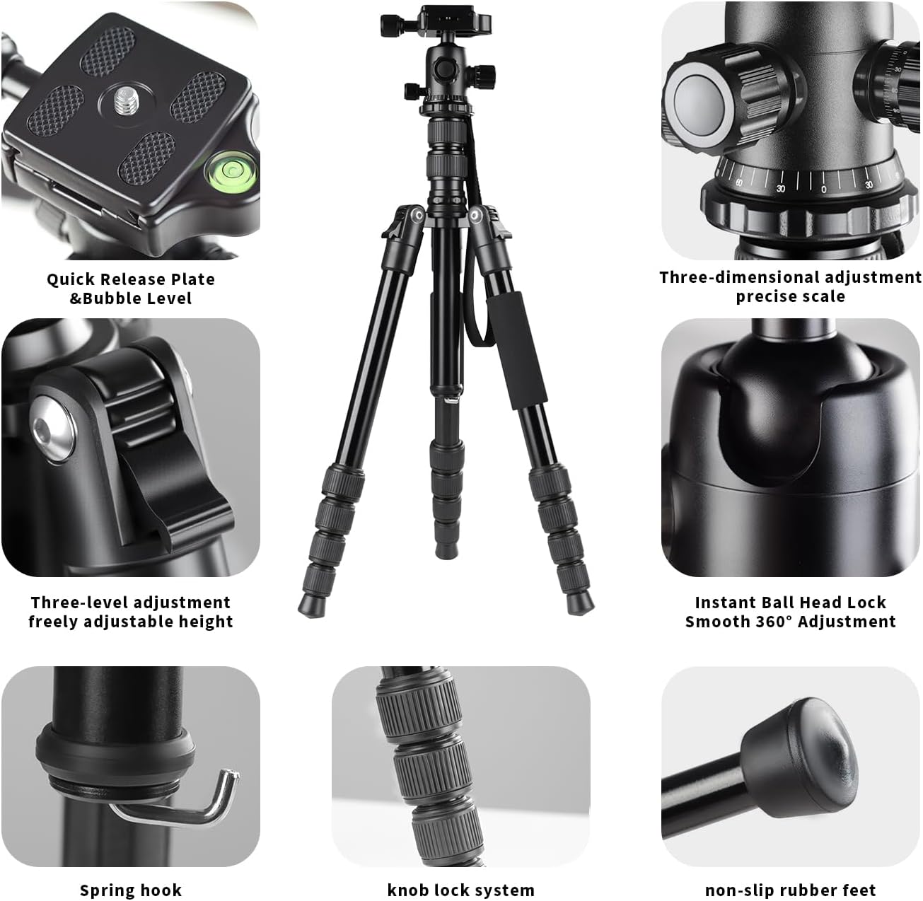 Tripod for Camera, 63" Aluminum Tripod for DSLR Camera with Ball Head and Quick Release Plate and Bag, Detachable Monopod for Camcorder, Load up to 8KG/17.63lbs,Black