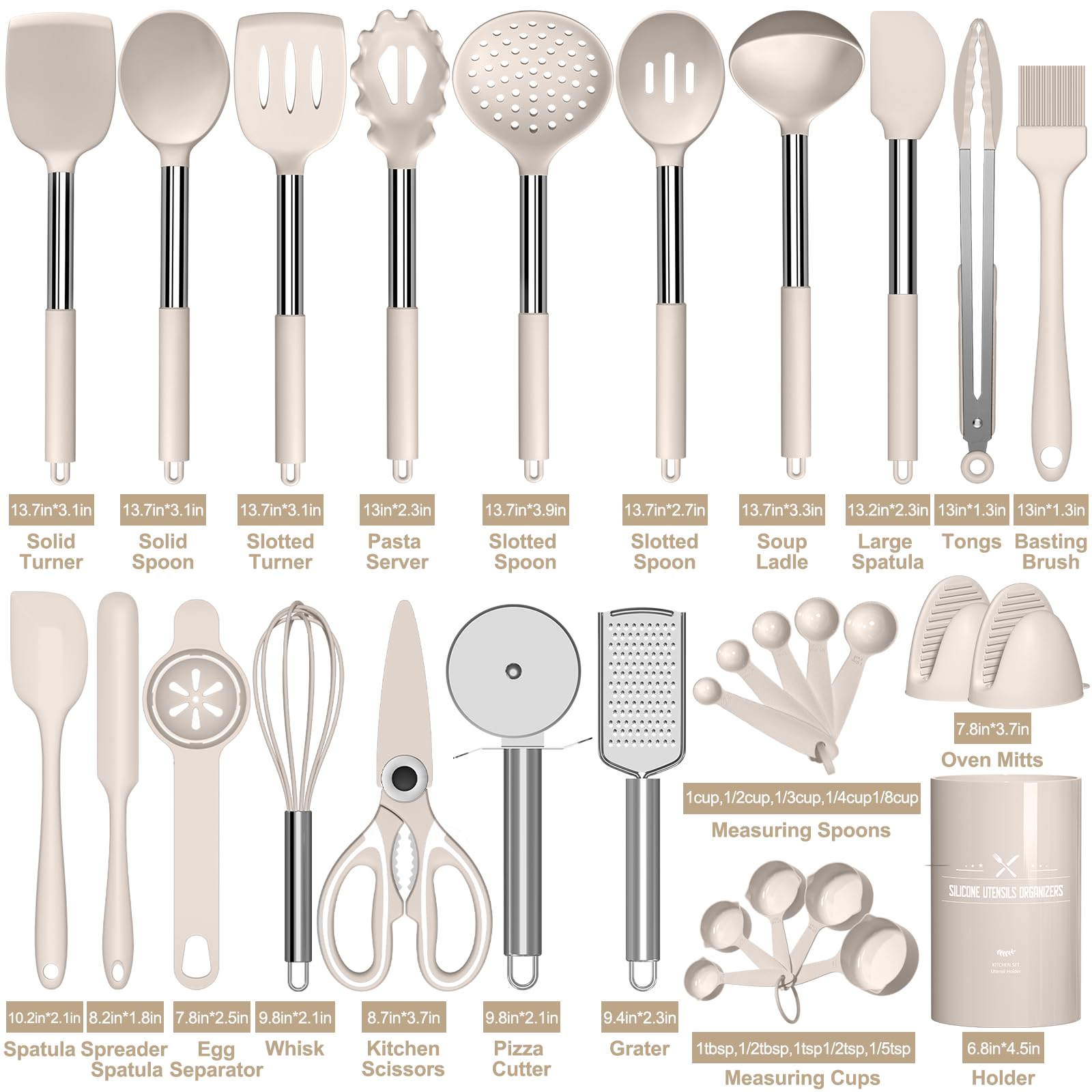 AIKKIL Set di utensili da cucina in silicone resistente al calore, spatole con supporto, set di 30 utensili da cucina kaki per pentole antiaderenti (senza BPA)