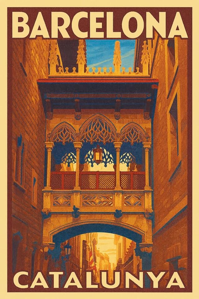 Póster de Barcelona vintage, lámina de viaje del Barrio Gótico y Pont del Bisbe, decoración Cataluña