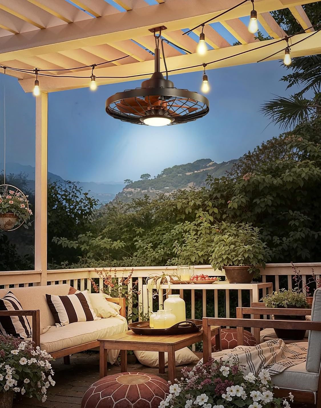 Ventilatore da Soffitto con Luce LED, Nero con Pale in Legno Scuro, Stile Industriale Retrò a Gabbia, Impermeabile IP65, 50 cm, Telecomando e Applicazione