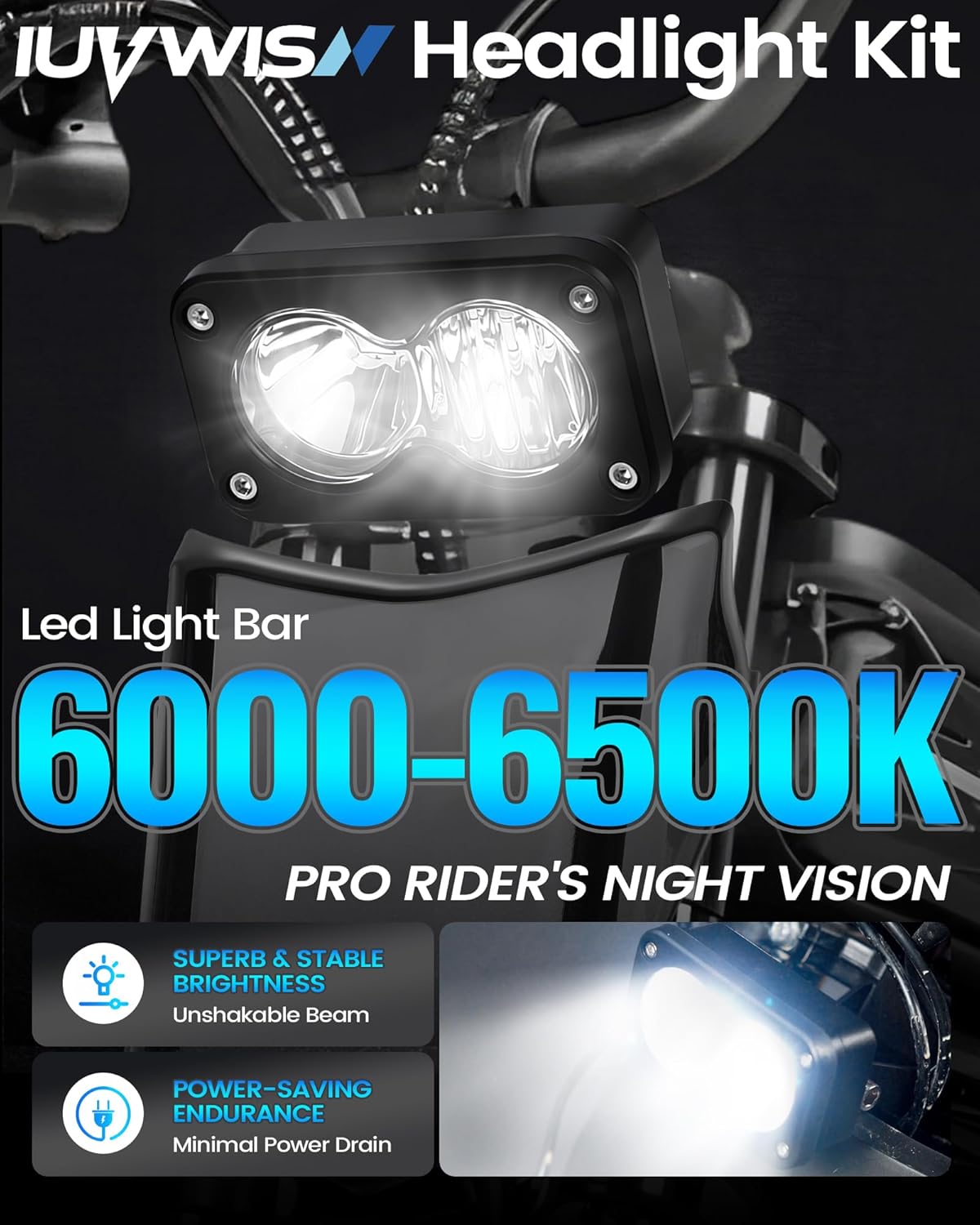 Headlight Kit 20W 6000-6500K Led Light Bar Compatible Fit for Ridstar Q20 Ebike 3-Pin Dual Beam E Bike Front Light Waterproof Plug and Play Headlamp with Mount Bracket White