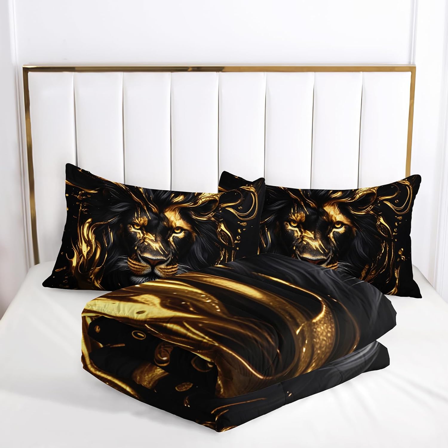 Black & Gold Queen Comforter Set Lion,Animal Print Queen Size Bedding,with 1 Comforter with 2 Pillow Case,Lion Themed Bedroom Decor for Boy Kids - Image 5