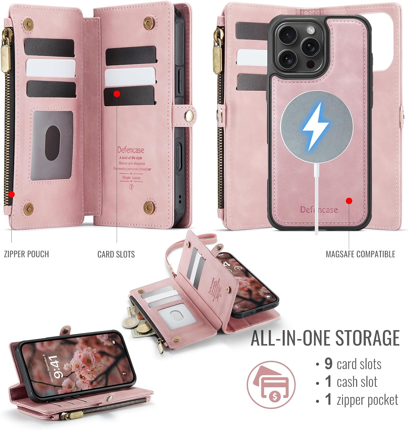 Defencase for iPhone 16 Pro Max Magnetic Wallet Case Compatible with Magsafe with RFID Blocking Zipper Strap Card Holder for Women PU Leather Detachable Case for iPhone 16 Pro Max (6.9"), Rose Pink - Image 2