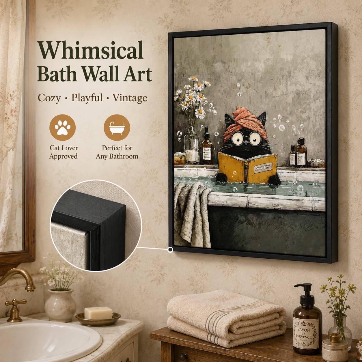 Whimsical Cat Bath Time Wall Art, Adorable Black Cat with Towel Reading Framed Canvas Wall Decor, Novelty Bathroom Art Print for Bathroom, Restroom, Toilet, 12x16 Inch image 3