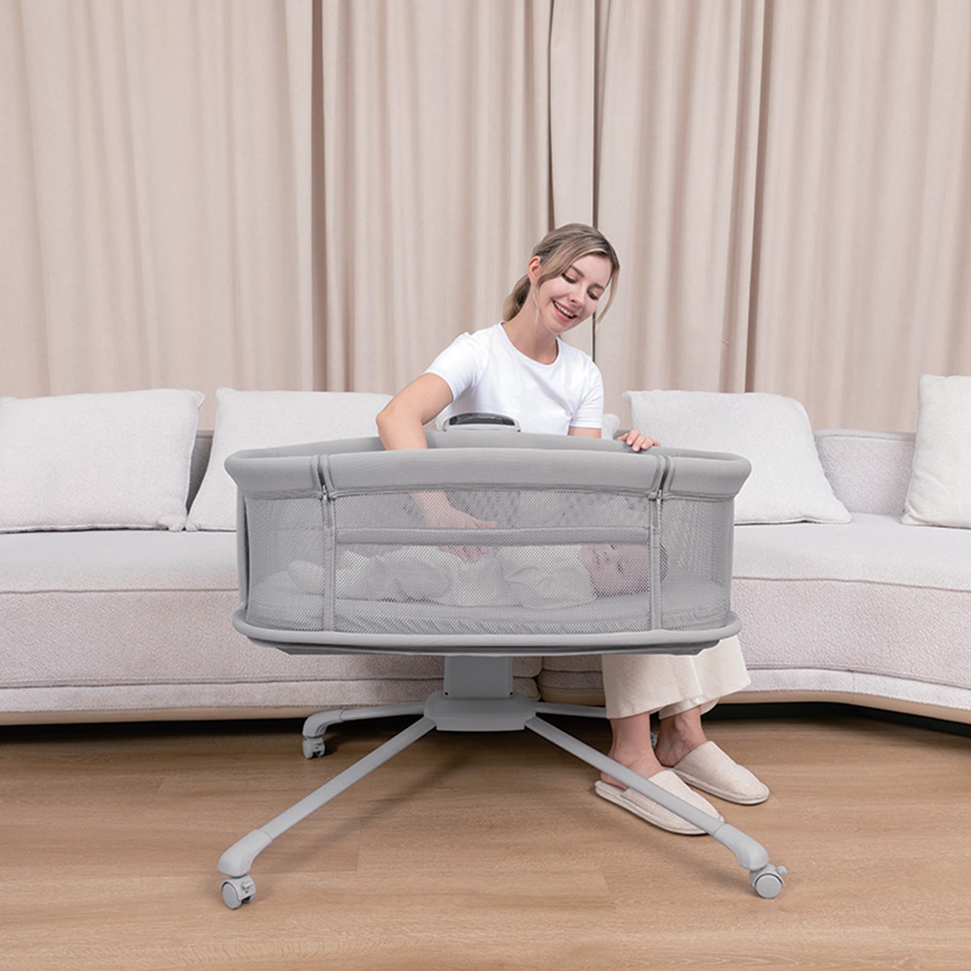 Olmitos Mini Cuna Multifuncional para Bebé 4 en 1: Moisés, Minicuna Colecho, Parque de Juegos | Colchón Lavable, Balanceo Automático, Conectividad Smart y Capota con Mosquitera (Gris Claro)