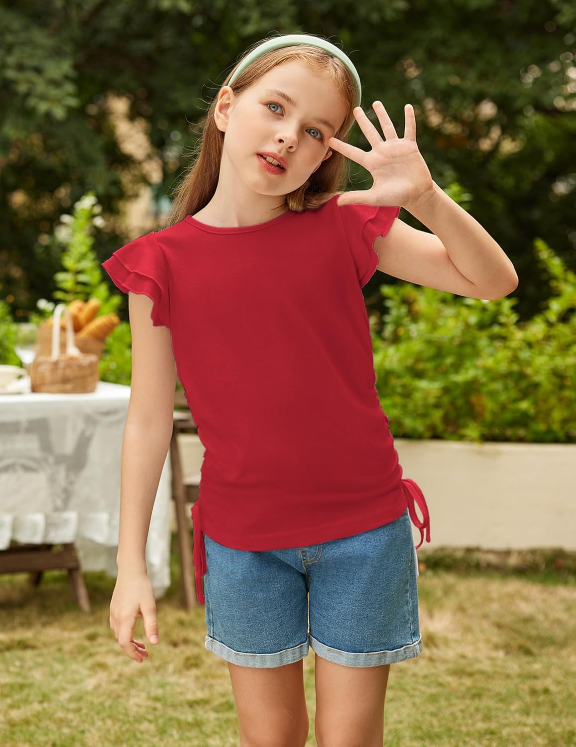 Arshiner Girls T Shirts Ruffle Short Sleeve Ruched Knot Side Tunic Blouse Summer Tee Tops - Image 4