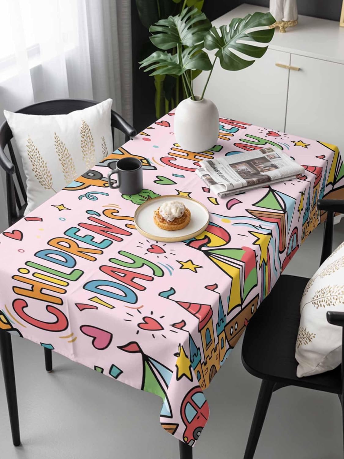 Happy Children's Day Waterproof Table Cloth Cartoon Sun Castle Boat Truck Leather Ball Pink Waterproof & Wrinkle Table Cover, Washable Polyester Soft Fabric Table Cloth for Outdoor Indoor Parties