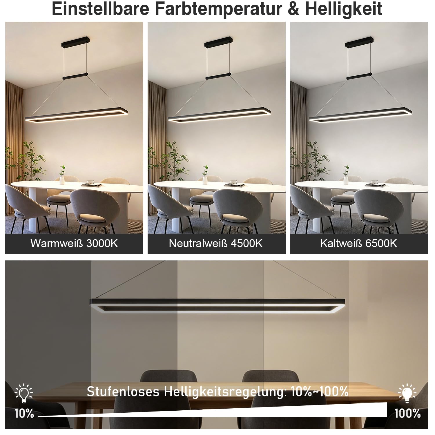 120CM LED Pendelleuchte Esstisch, 52W Dimmbar Hängelampe Esszimmer, Schwarz | Höhenverstellbar, Moderne Rechteckige Hängeleuchte mit Fernbedienung und Memory, Esszimmerlampe Hängend, für Küche Wohnzimmer
