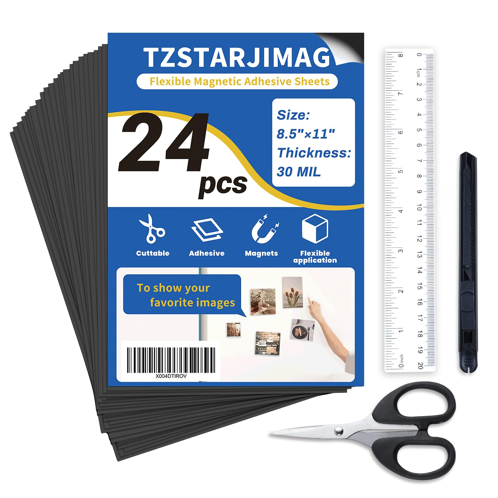 TZSTARJIMAG Magnet Sheets with Adhesive Backing,8.5" x 11"(Pack of 24),30 mil Thick Cuttable Flexible Magnetic Sheets for DIY Crafts,Photos,Letters