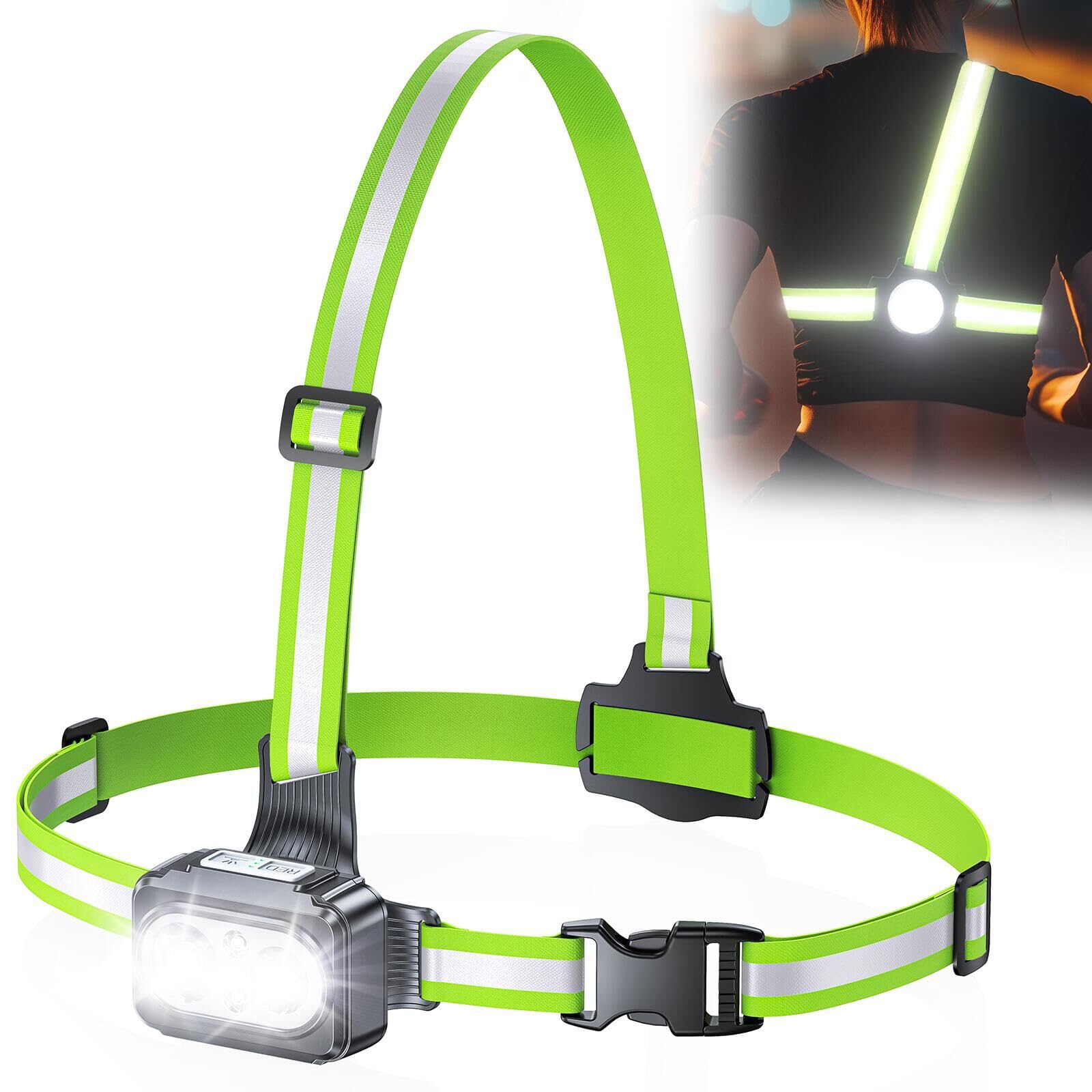 Rolgno Luce Running con Strisce Riflettenti, 500 Lumen Luce per Corsa Notturna Ricaricabile USB, 7 Modalità & 45° Regolabile, IPX4 Impermeabile Luci Running Pettorale per Jogging, Campeggio, Camminate