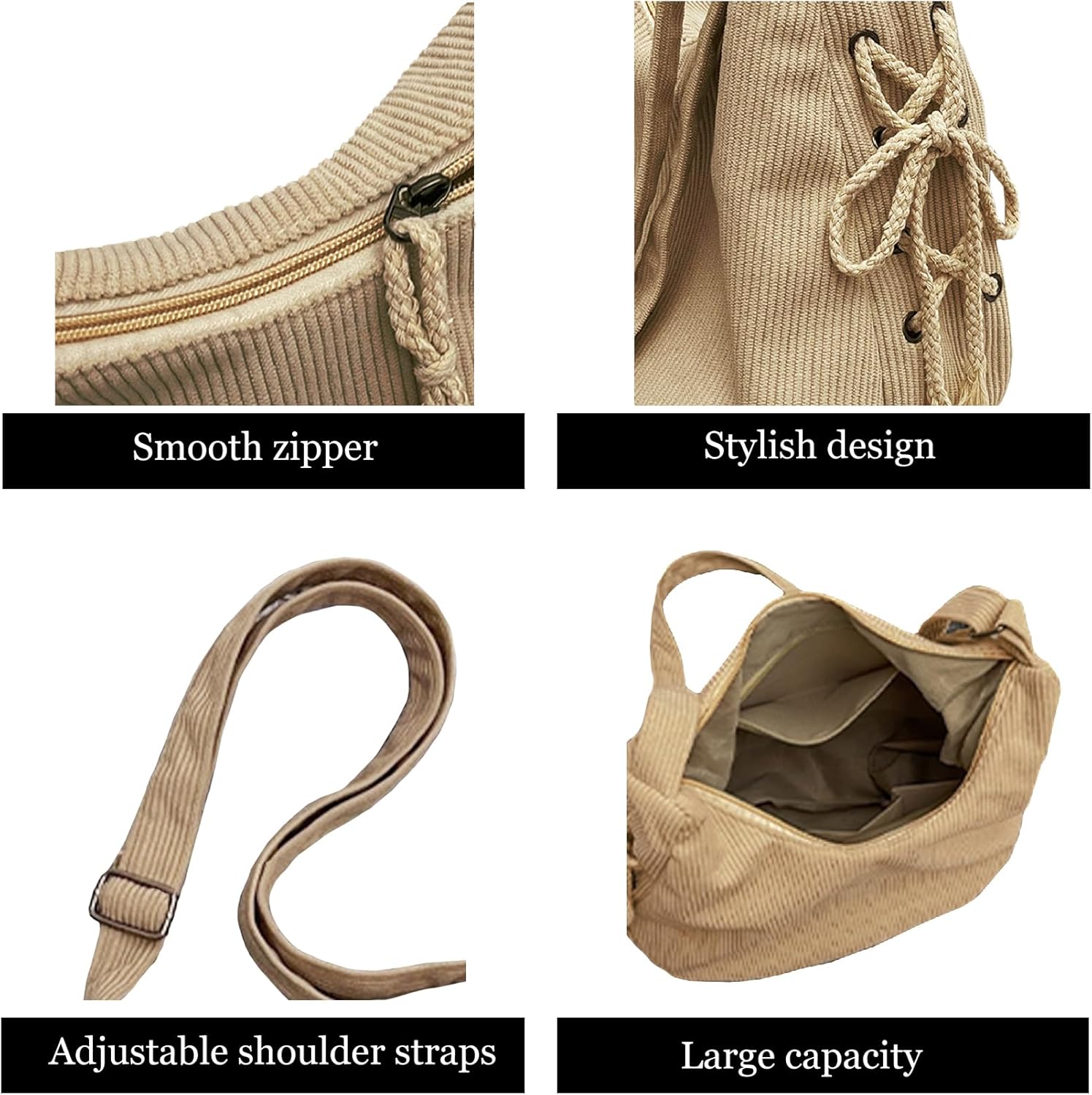 Corduroy Crossbody Bags for Women, Cute Corduroy Purse Casual Crescent Tote Large Shoulder Handbag Messenger Bag - Image 3