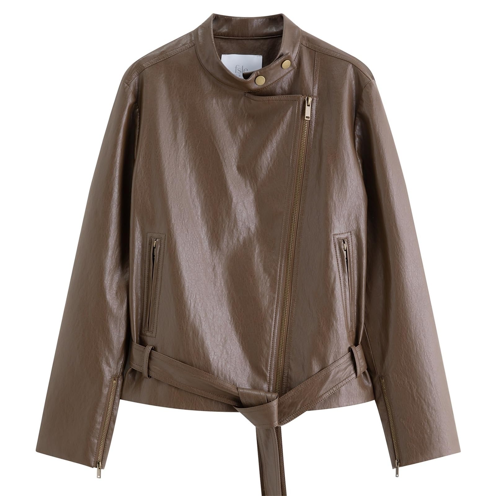 Chaqueta Cuero Mujer Chaqueta corta de cuero sintético marrón oscuro for mujer, abrigo informal ajustado otoño Para salir