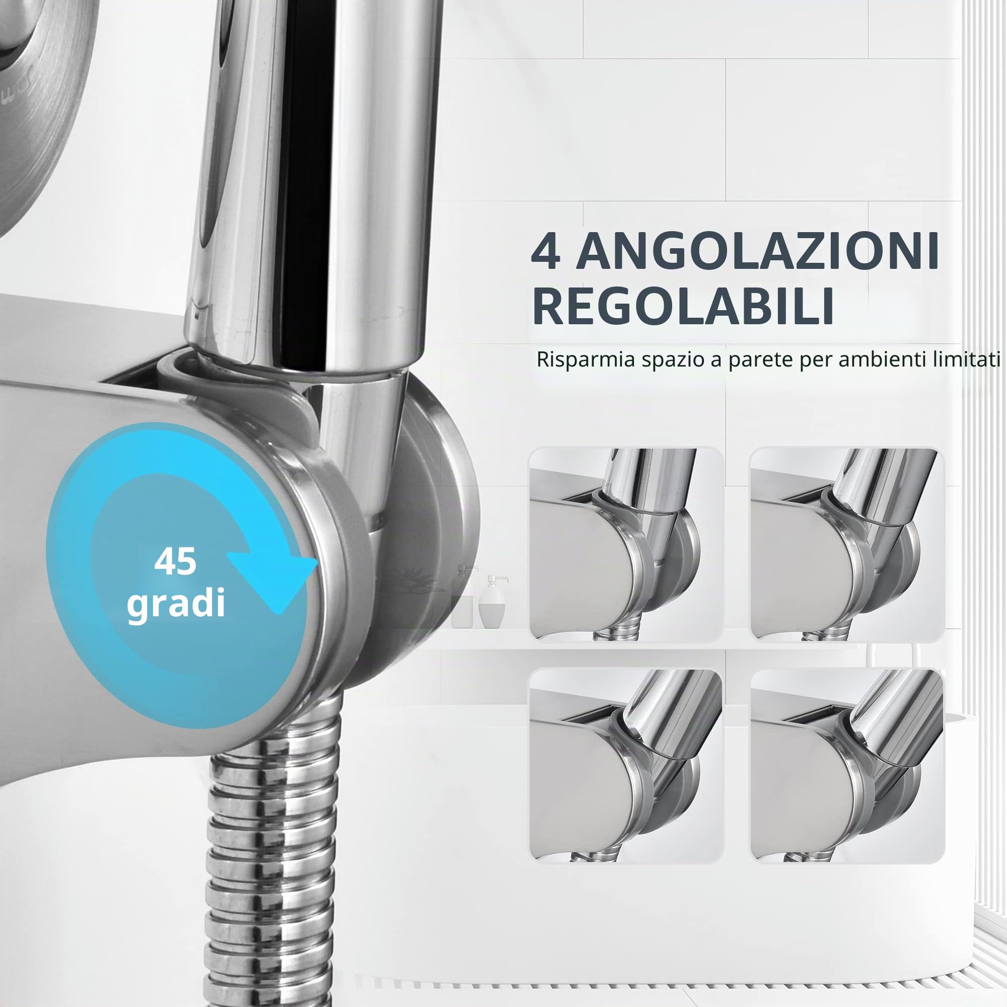 JOMOLA Supporto Doccia Ventosa rimovibile Supporto per soffione doccia a ventosa Riutilizzabile senza trapano Impermeabile Acciaio Inossidabile Supporto per doccia regolabile a 45° Argento