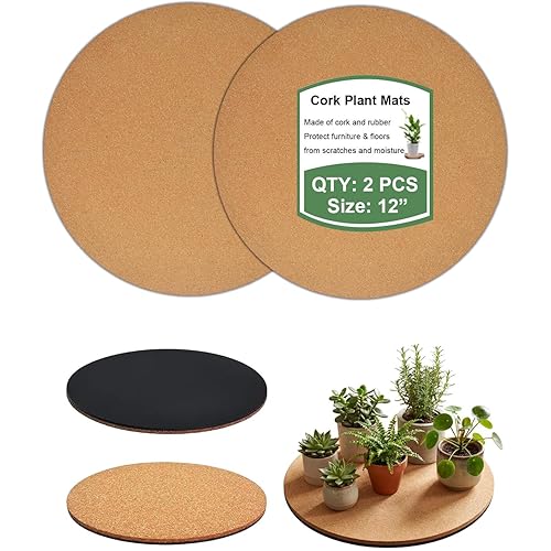 vensovo Cork Plant Coasters & Saucers 12 Inch– Absorbent Round Mats for Indoor Flower Pots, Planters, Houseplants, Surface Protector for Table & Floor, 2 Pack