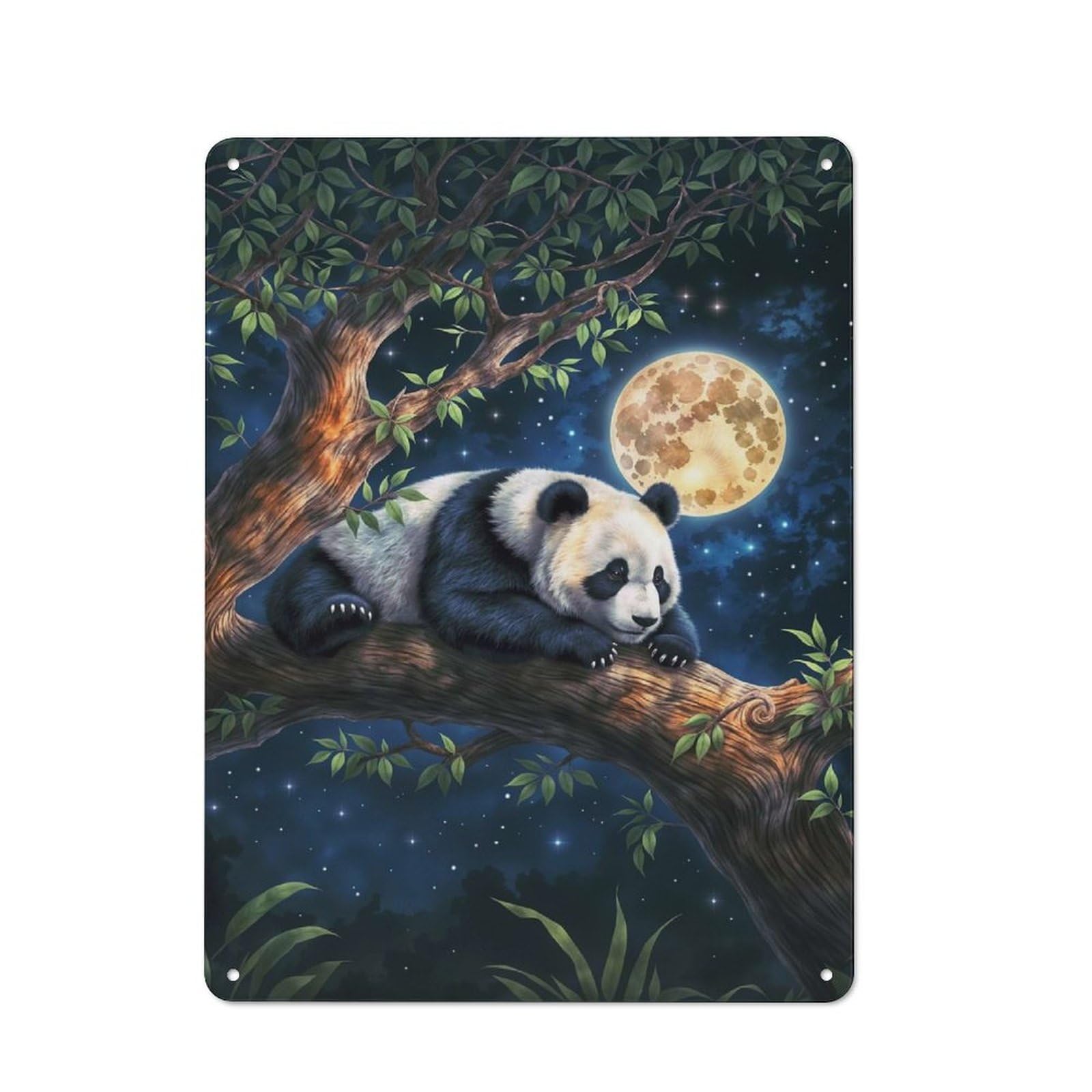 Metal Wall Sign with Panda Under Moonlight Design 40x30cm, Garage Style Industrial Wall Art for Garage, Hobby Room, Office Or Man Cave