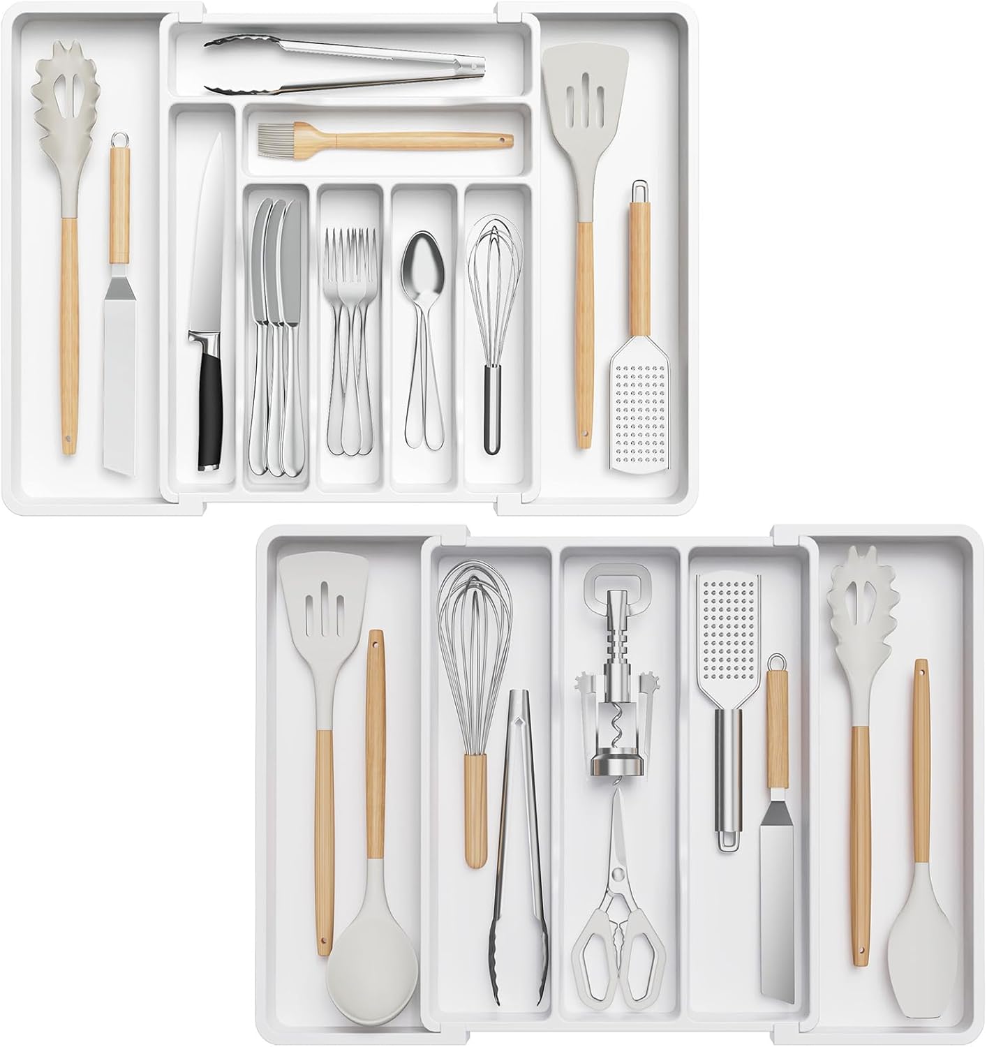 Lifewit Silverware and Cooking Utensil Drawer Organizer Set – Expandable Adjustable Plastic Storage for Cutlery, Flatware, Spoons, Forks, Knives, and Kitchen Tools, BPA-Free, White
