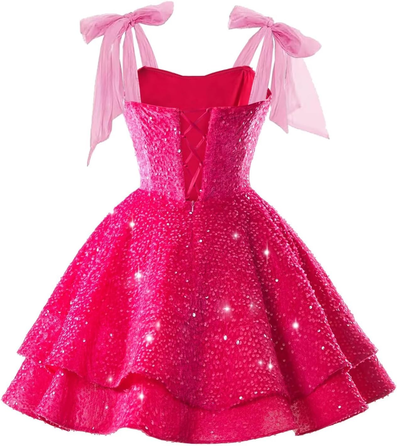 Bow Sparkly Sequin Homecoming Dresses Backless Square Neck Short Tiered Cocktail Dresses for Teens 2026