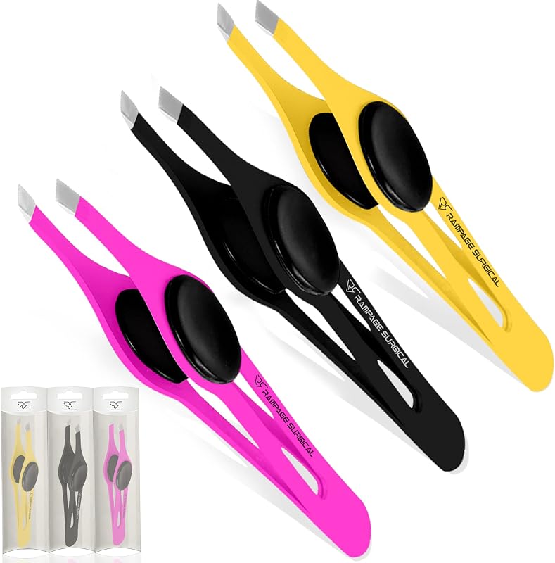 Pinças para sobrancelhas Rampage Surgical com ponta chanfrada em aço inoxidável, conjunto com 2 unidades, preto, rosa e amarelo