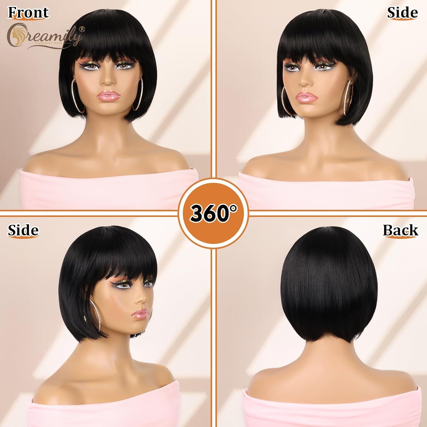 Creamily Black Short Bob Wig,Straight Black Bob Wig with bangs - Image 3