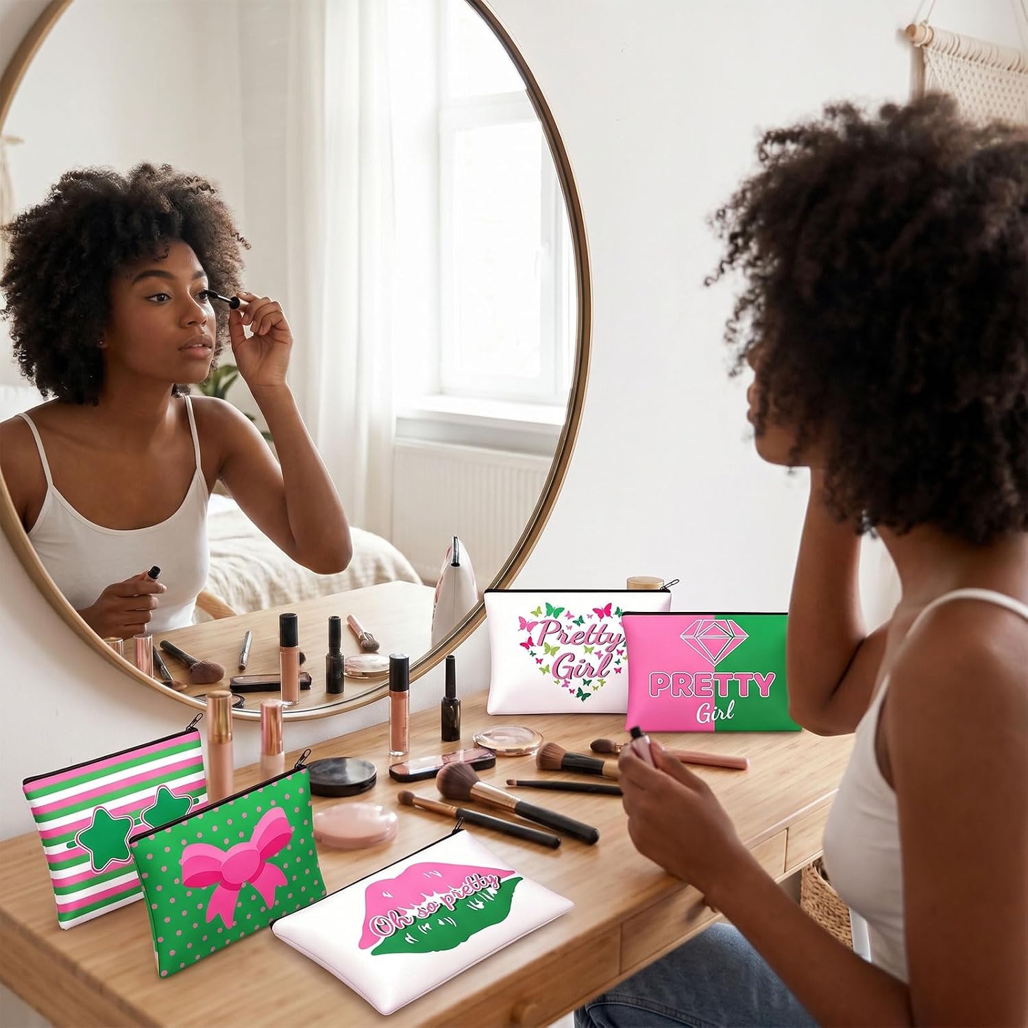 12 Pcs Pink and Green Gifts Bags Sister Makeup Bag Sorority Cosmetic Bags Pretty Girl Zipper Pouches Black Sorority Gifts for Women Best Friend Essentials Birthday Sisterhood