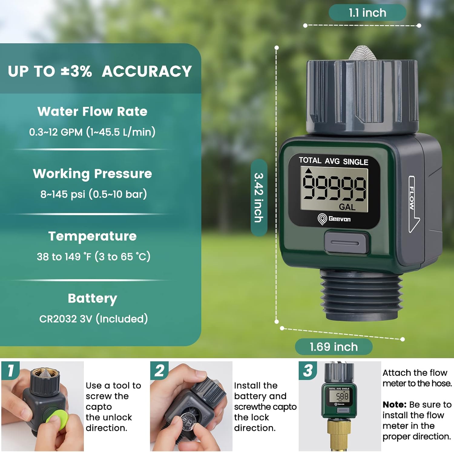 Geevon Garden Hose Water Flow Meter with Brass Inlet Metal Thread, High Accuracy & IPX6 Waterproof for Outdoor Garden Watering, RV Water Tank Filling, Lawn Sprinkler, and Nozzle Sprayer (1 Pack)