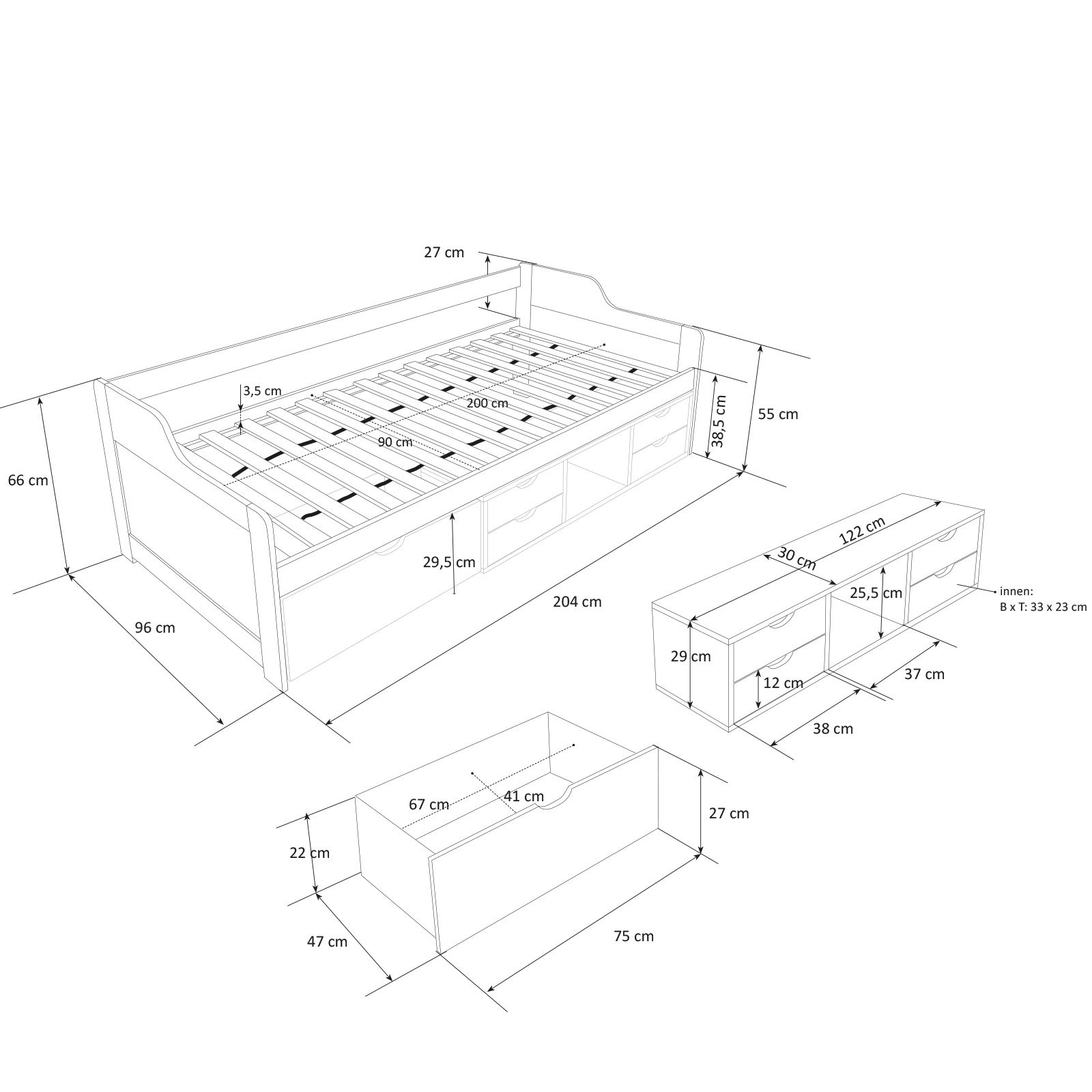Homestyle4u Funktionsbett 90x200 Weiß mit Schubladen Stauraum | Bett Massivholz Kiefer, Rolllattenrost inklusive, ausziehbare Liegefläche ideal für Kinder- und Jugendzimmer