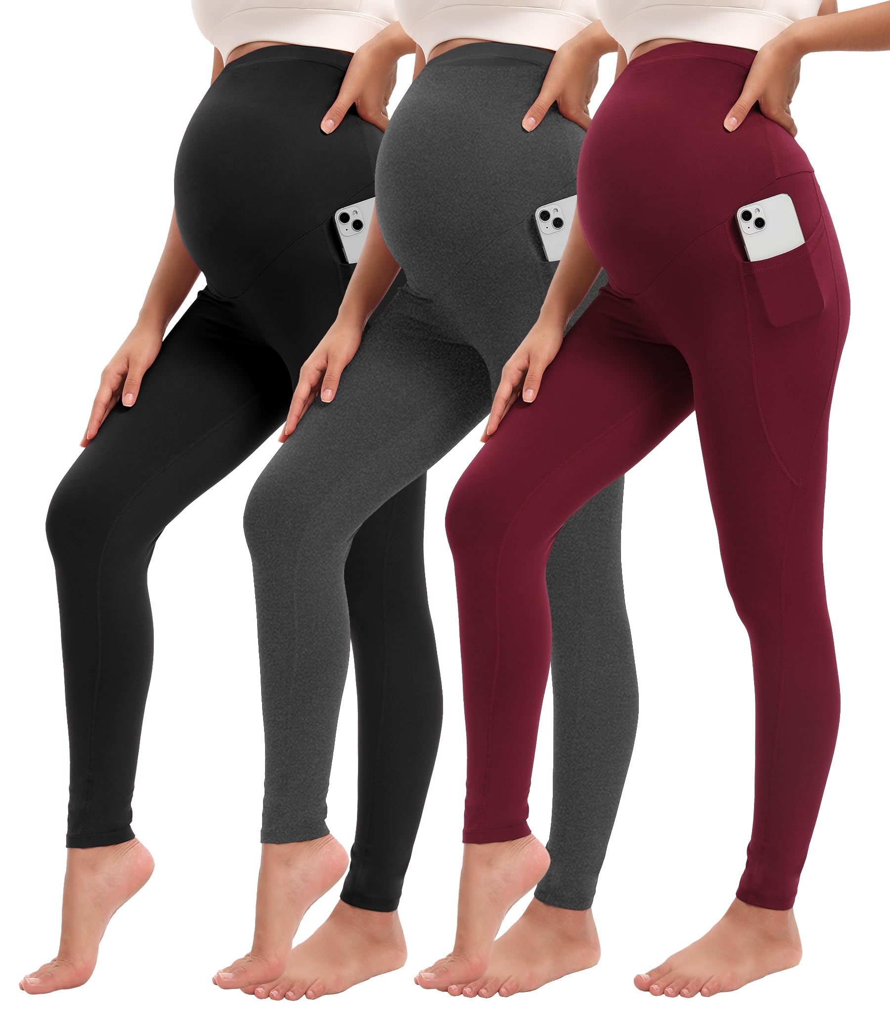 Siimcuzy Paquete de 4 leggings de maternidad para mujer con bolsillos sobre el vientre, pantalones de yoga para entrenamiento, ropa deportiva
