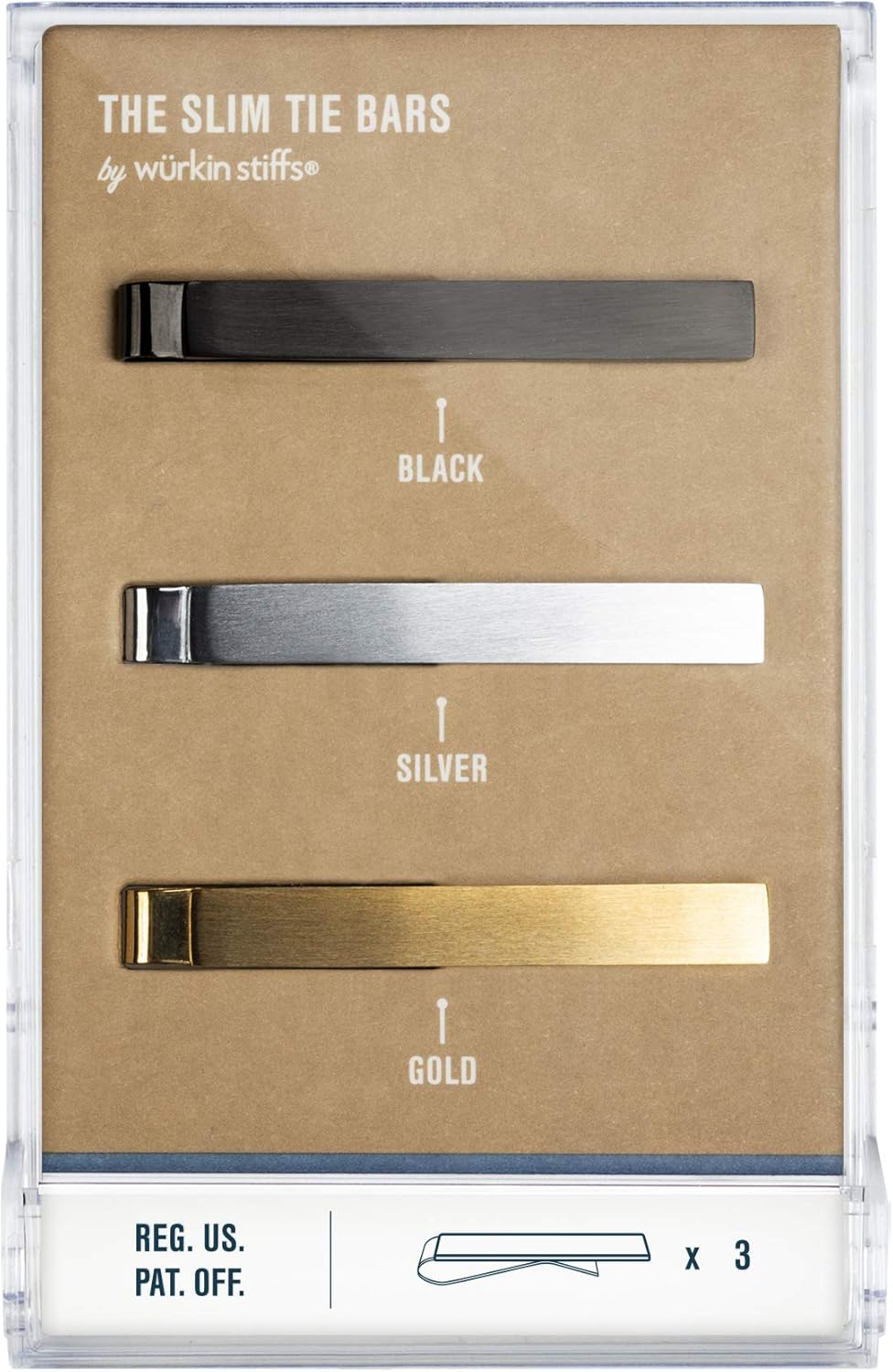 Würkin Stiffs Slim Tie Bar | 1.65 Inch Brushed Metal Tie Bars for Men | Gift for Men | As Seen on Shark Tank | Set of 3 (Gold, Black, & Silver)
