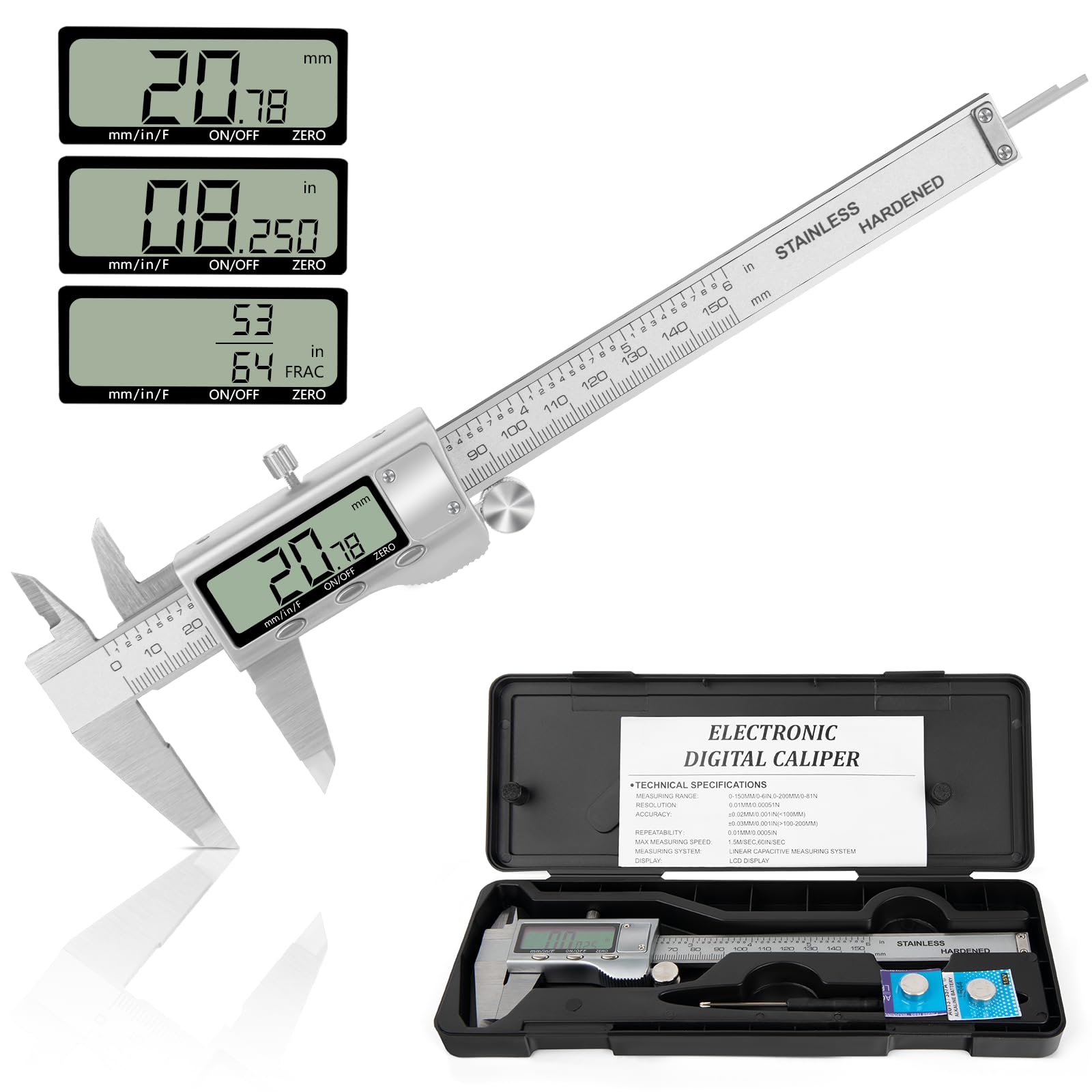 Digital Caliper Electronic Caliper 150mm with Extraordinary LCD Screen Stainless Steel Vernier Caliper with mm/Inch/Fraction Conversion