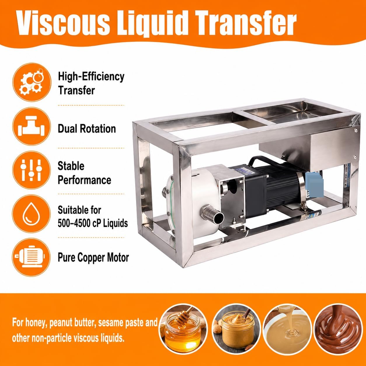 Heavy Duty Honey Transfer Pump, 90W Stainless Steel Viscous Liquid Pump z regulacją prędkości i podwójnym obrotem do przetwarzania żywności w melasie syropowej, łatwa do czyszczenia konstrukcja antywi