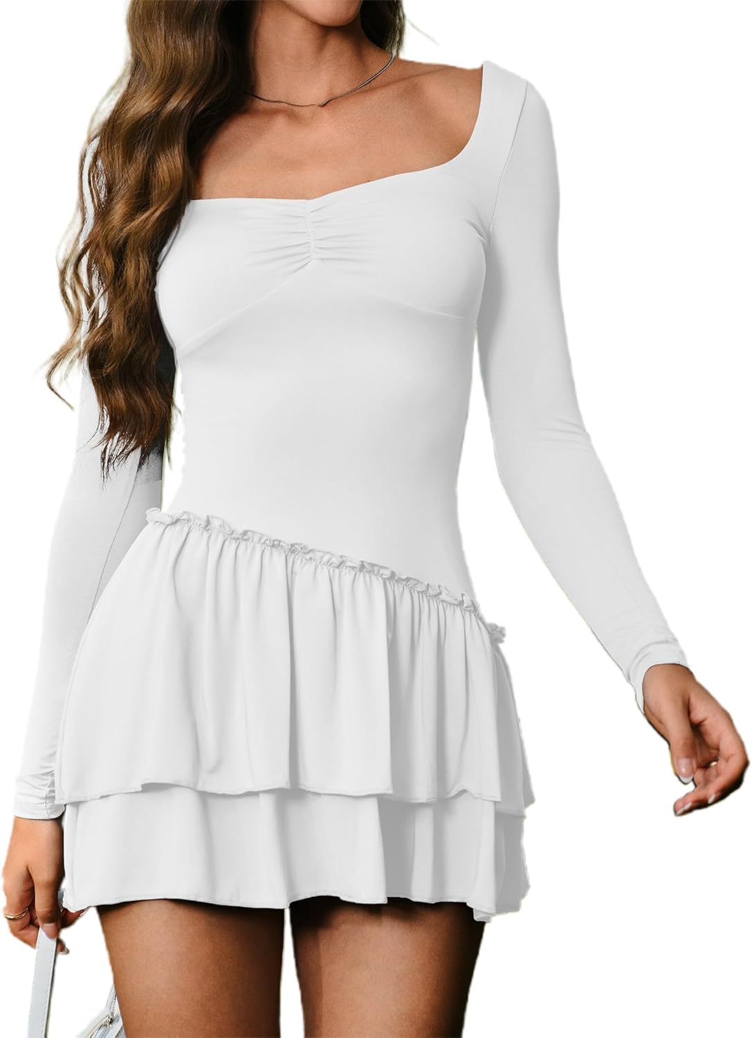 HYPERFIRE Women's Elegant Sweetheart Neck Long Sleeve Mini Dress Flowy Swing Shift Dresses Club - Image 3