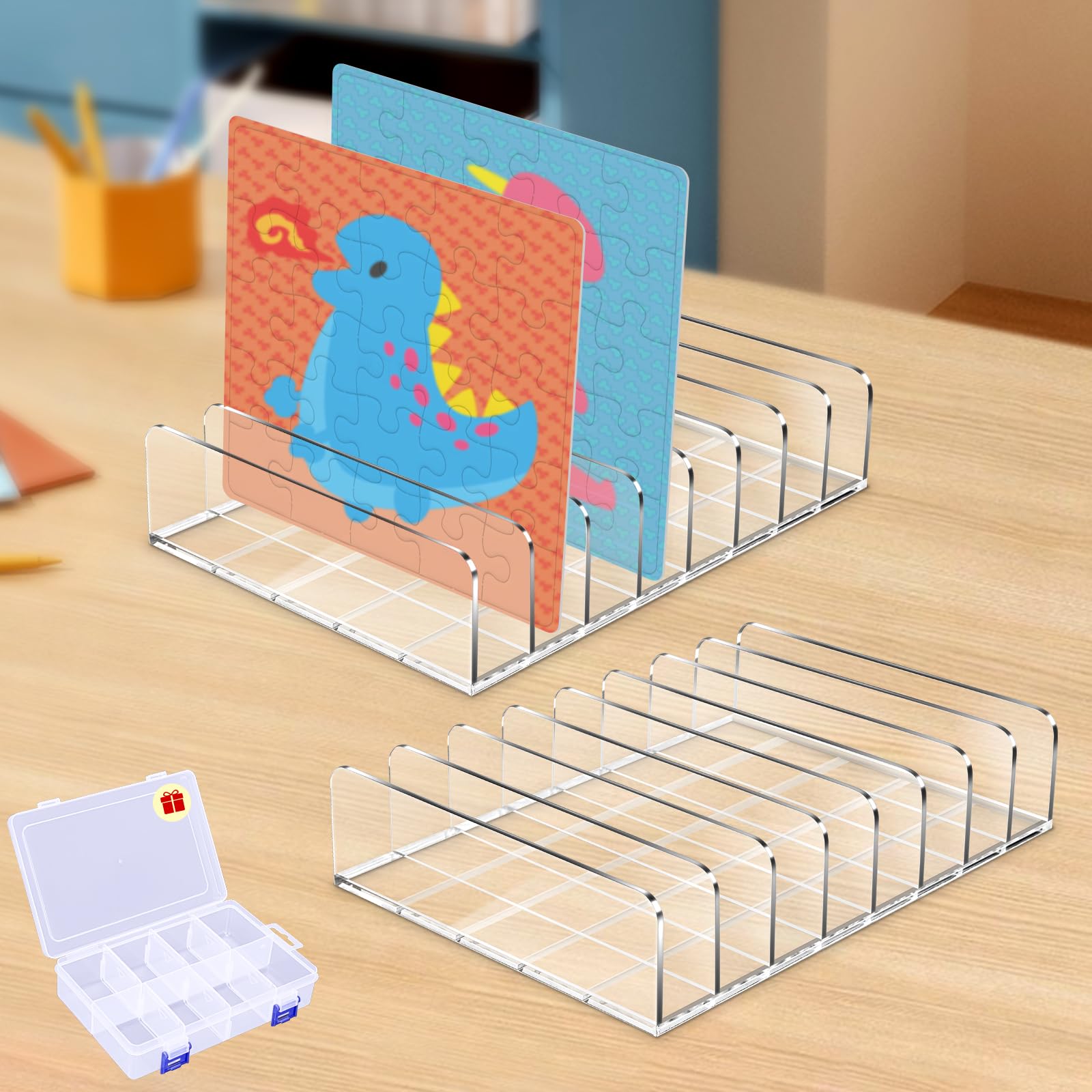 2 Pcs Puzzle Storage Rack with Puzzle Accessories Box, Puzzle Rack Organizer, Puzzle Holder Rack for 8 Small and Large Puzzles, Plastic Model Holder