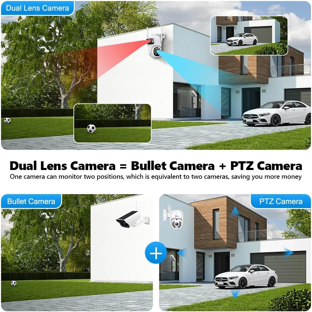 MOVOLS Wireless Security Camera System 5G/2.4G WiFi 4pcs 4MP+4MP Dual Lens Camera with 10" LCD Monitor Screen NVR System,2K HD PTZ Cameras with Color Night Version, Motion Detection,500GB HDD,10CH