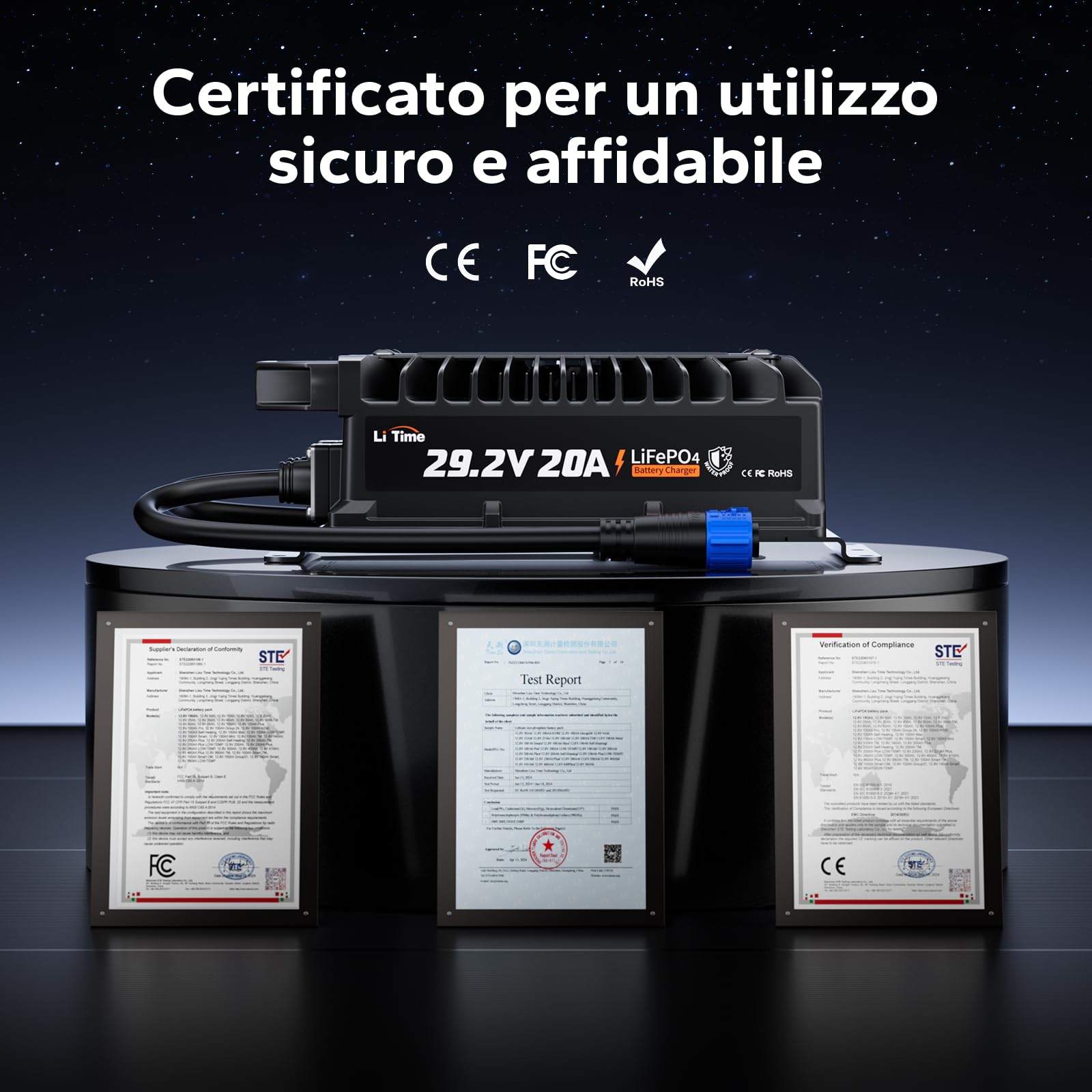 LiTime Caricabatterie LiFePO4 24V 20A, Caricatore Batteria Litio 24 Volt IP67 Impermeabile con Attivazione Batteria, Caricatore Intelligente AC-DC a 3 Stadi per Camper, Barca e Sistema Solare