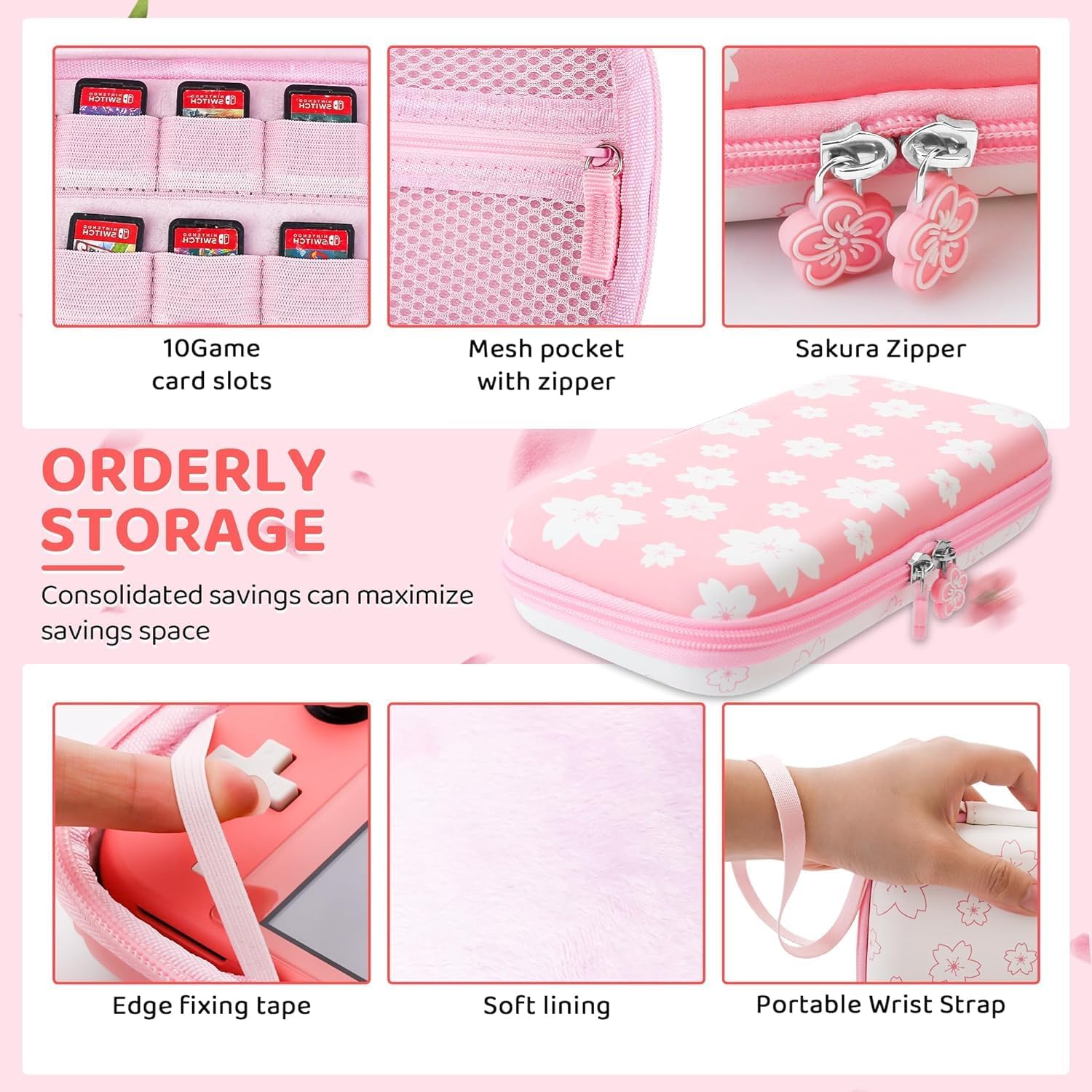 RHOTALL Pink-White Cherry Blossom Carrying Case for Nintendo Switch Lite, Portable Storage for Accessories With Protective Case, Screen Protector, Adjustable Shoulder Strap and 2 Thumb Caps - Image 3