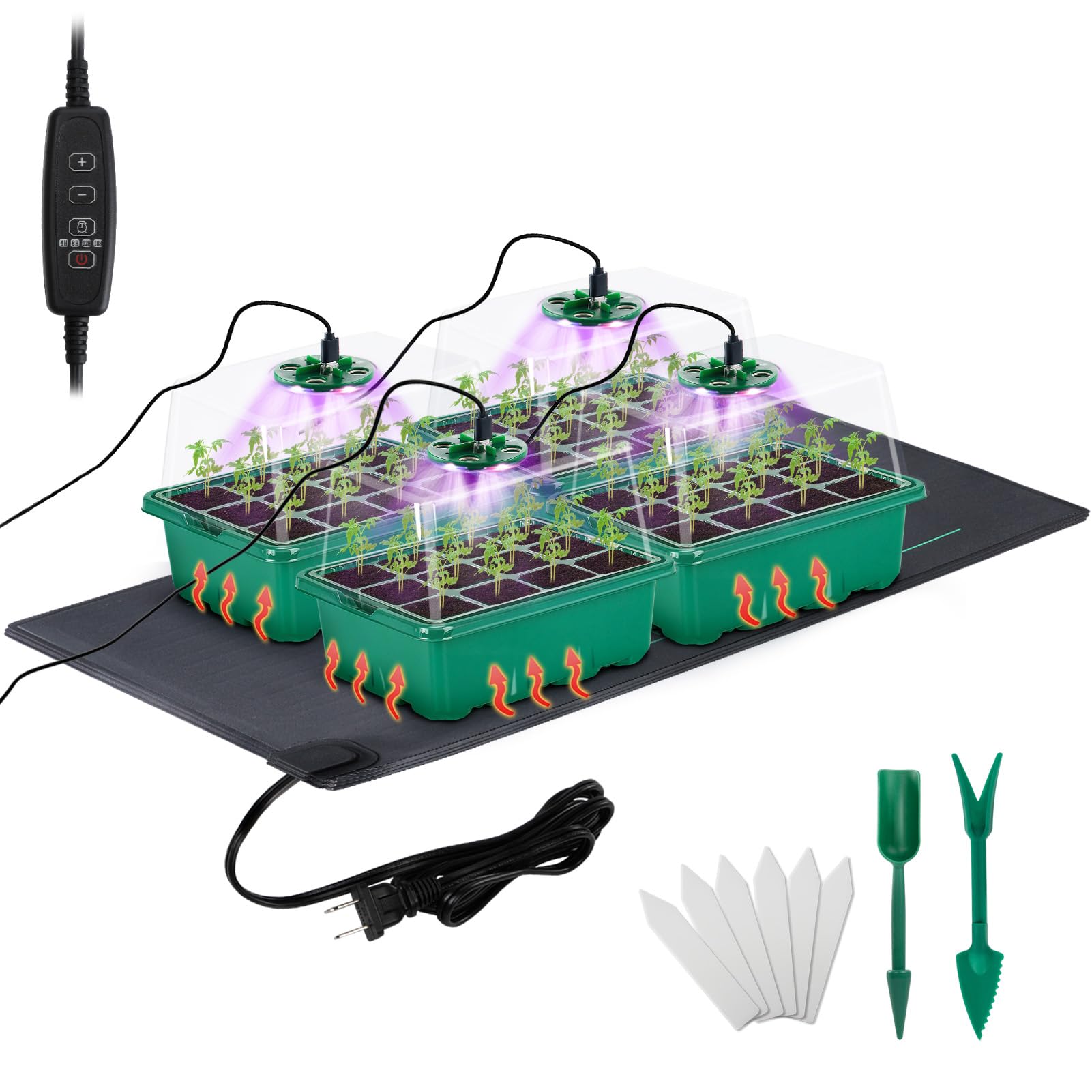 Seed Starter Tray with Grow Light & Heat Mat- 4 Pack 48 Cell Durable Easy Use Seed Starter Kit for Beginners, Thriving Seedling Germination Kit with Humidity Domes for Indoor Plant Growing Propagation