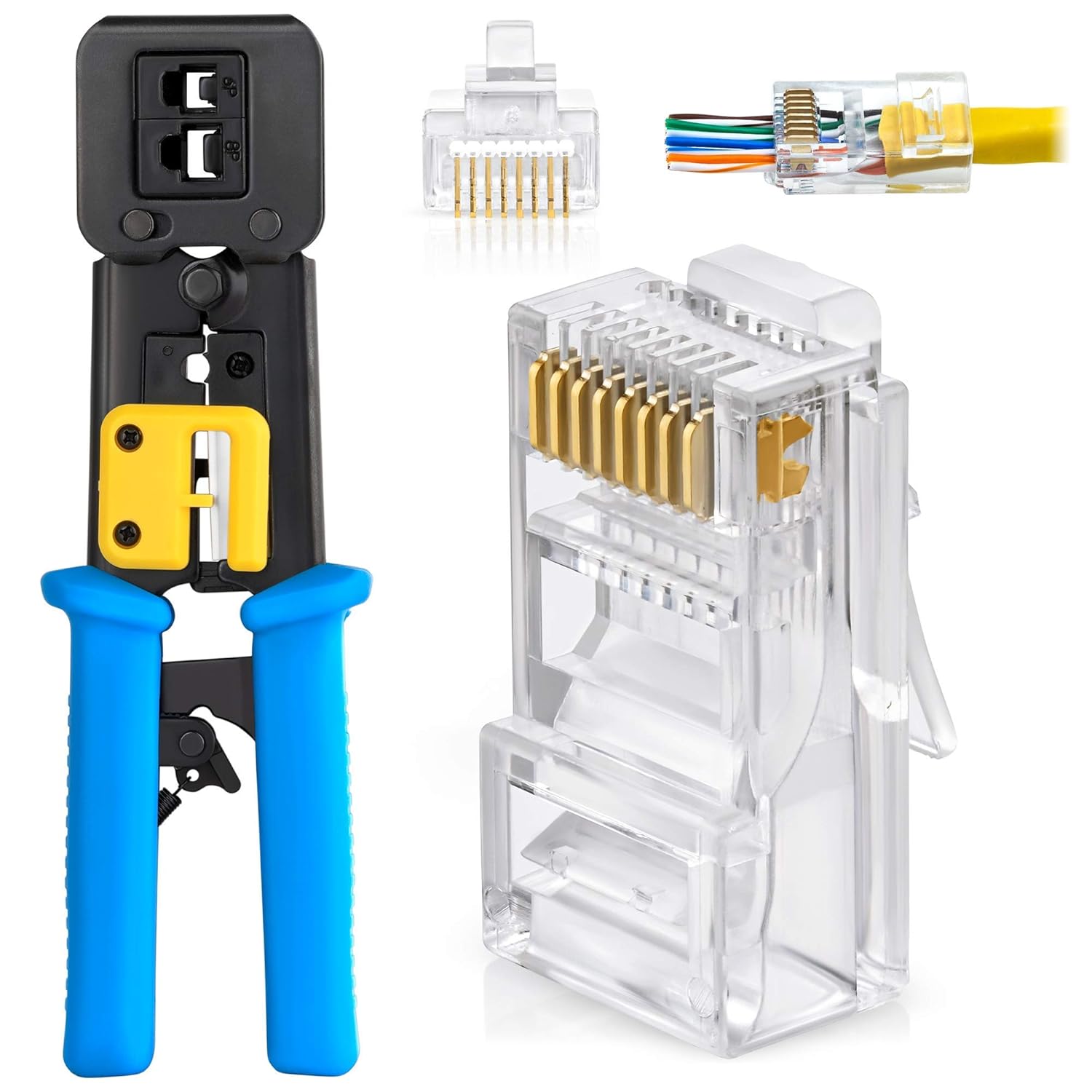 Bundle – 2 Items: RJ45 Crimp Tool + 50 Pack of Cat5e Pass Through Connectors.