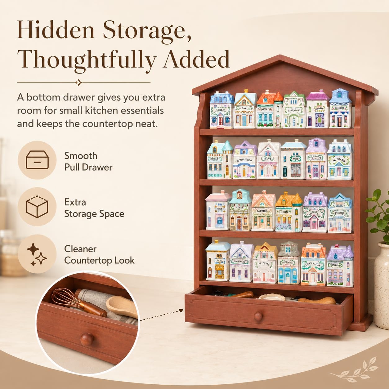 1989s Vintage Spice Village Wooden Rack - Village Spice House Wall-Mounted Display Shelf for 24 Jars | Charming Holiday Village Kitchen Decor for Collectors and Porcelain Enthusiasts (Brown, Vintage)