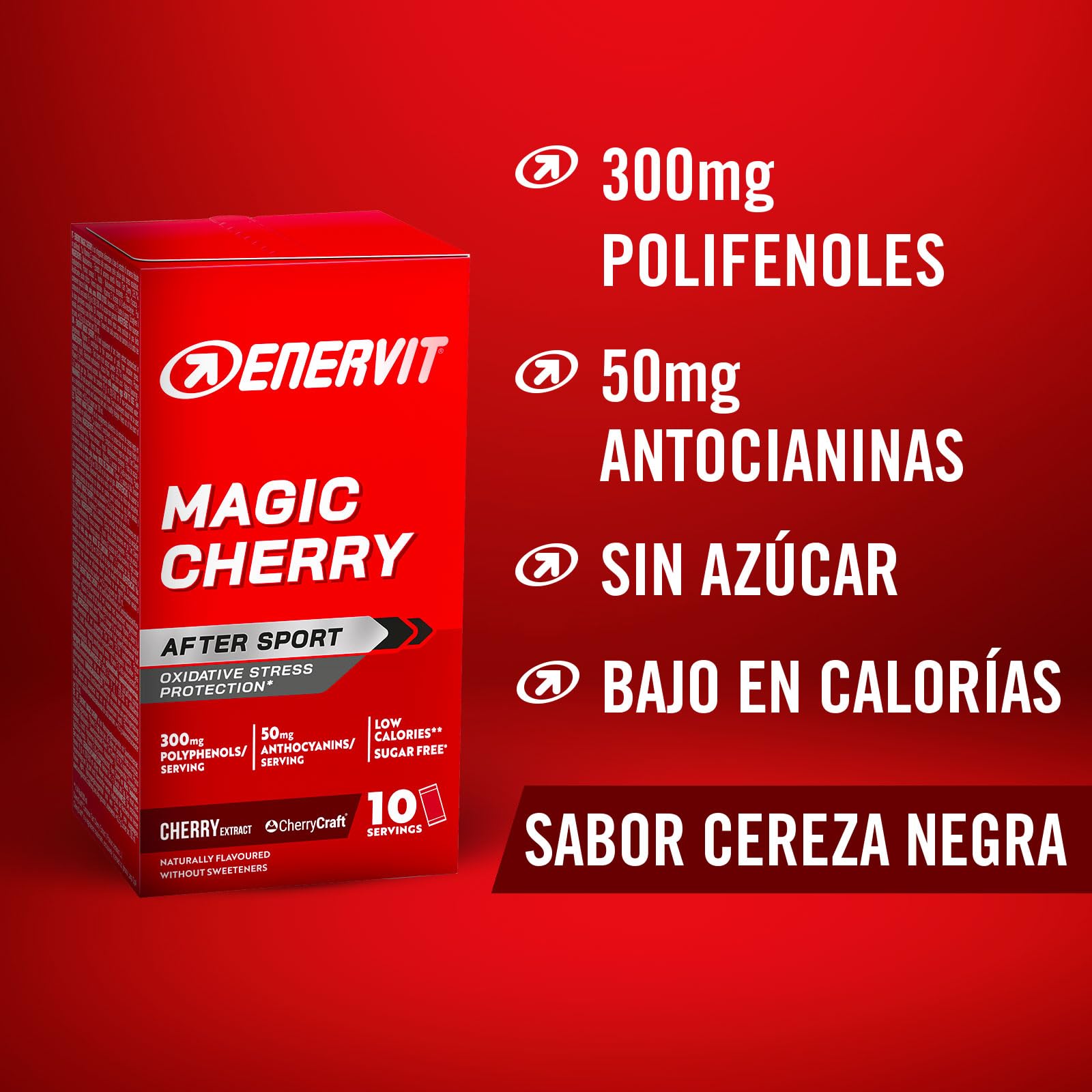 Enervit Magic Cherry, Suplemento con Extracto de Cereza, Antioxidante, Para la Recuperación Muscular y Esfuerzos Intensos, 300mg de Polifenoles, 50mg de Antocianinas, Sin Azúcar, Vegano, 10 Sobres