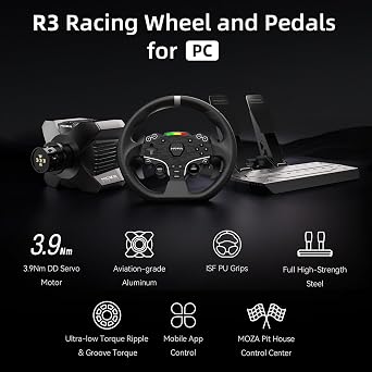 MOZA R3 Racing Simulator 4PCS Wheel & Pedals bundle for PC: R3 Direct Drive Base, ES Lite Steering Wheel, SR-P Lite Pedals and Table Clamp, Black