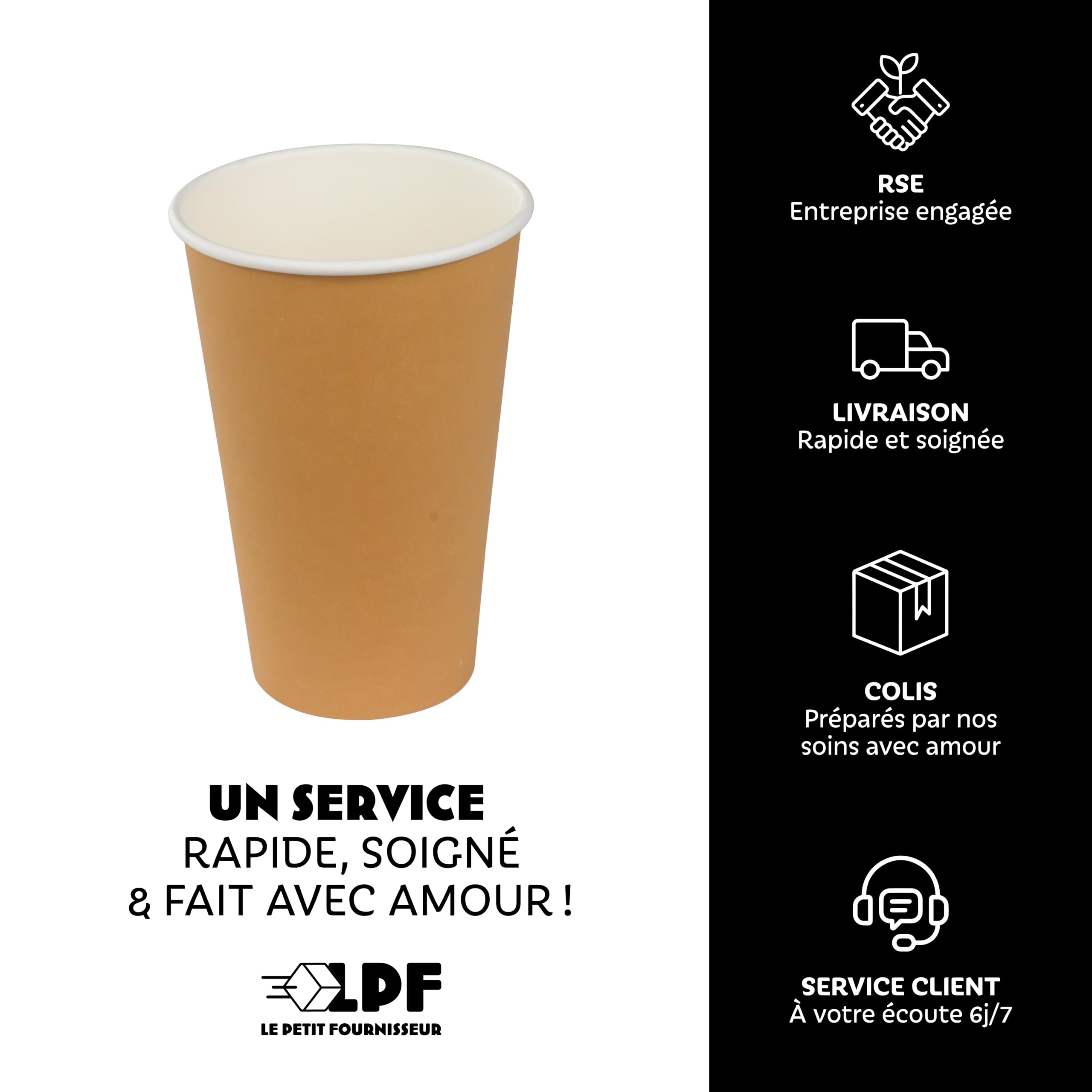 LPF LE PETIT FOURNISSEUR - Lot de 1000 Gobelets jetables en Carton Kraft 30-35cl - Recyclable - Gobelets café, thé, boissons chaudes et froides - Résistant à la chaleur - Couleur Brun