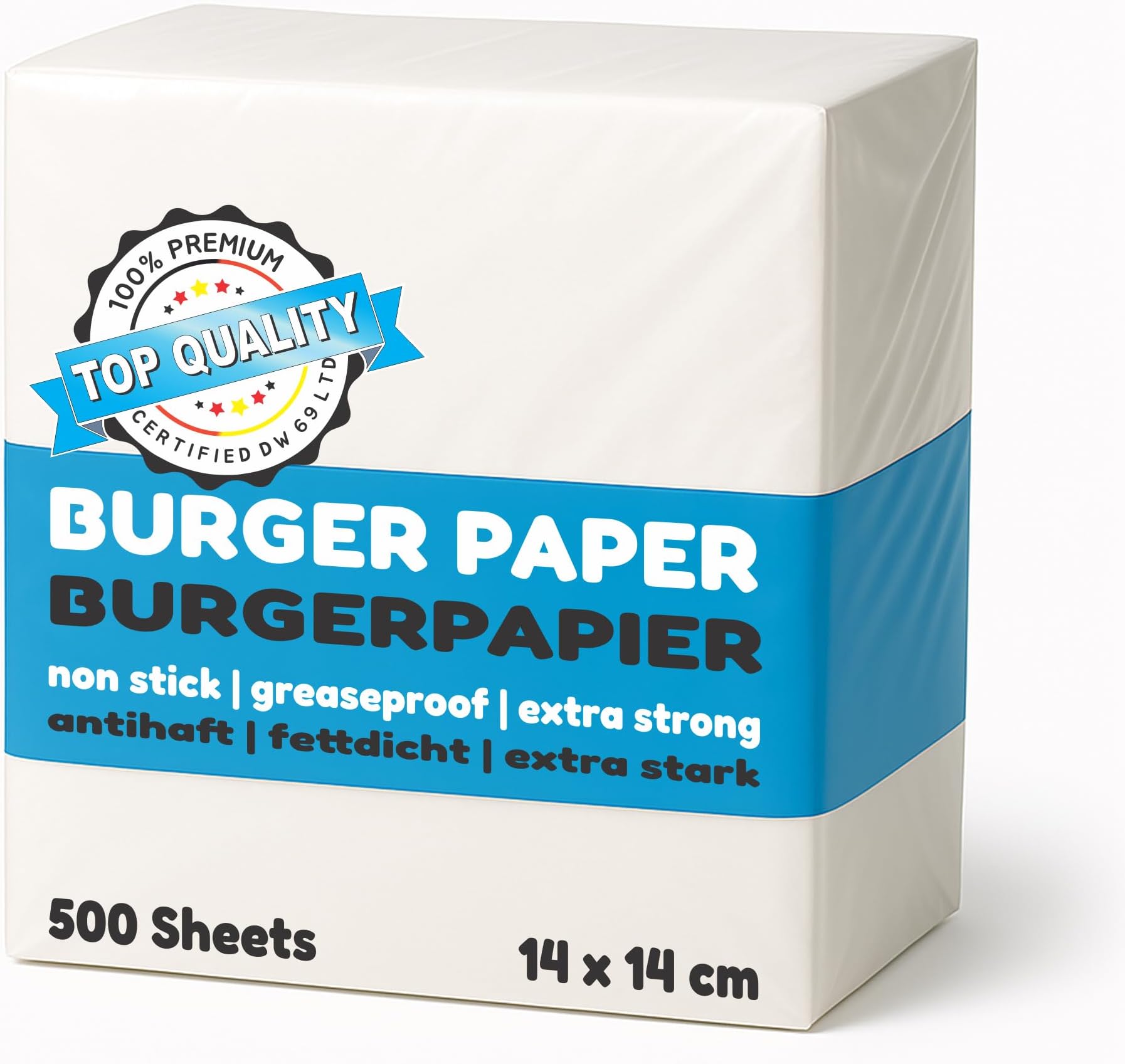 500 Burger Paper Sheets Square | Greasproof Baking Paper | Wax Paper for Hamburgers, Press, Grill | Non-Stick | 14 x 14 cm