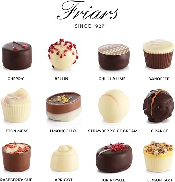 Friars Premium Fruit Chocolate Selection Gift Box, 24 Assorted Chocs | Strawberry, orange, cherry, lemon & banoffee centres in white, milk & dark, vegetarian, a sweet indulgent treat for occasions
