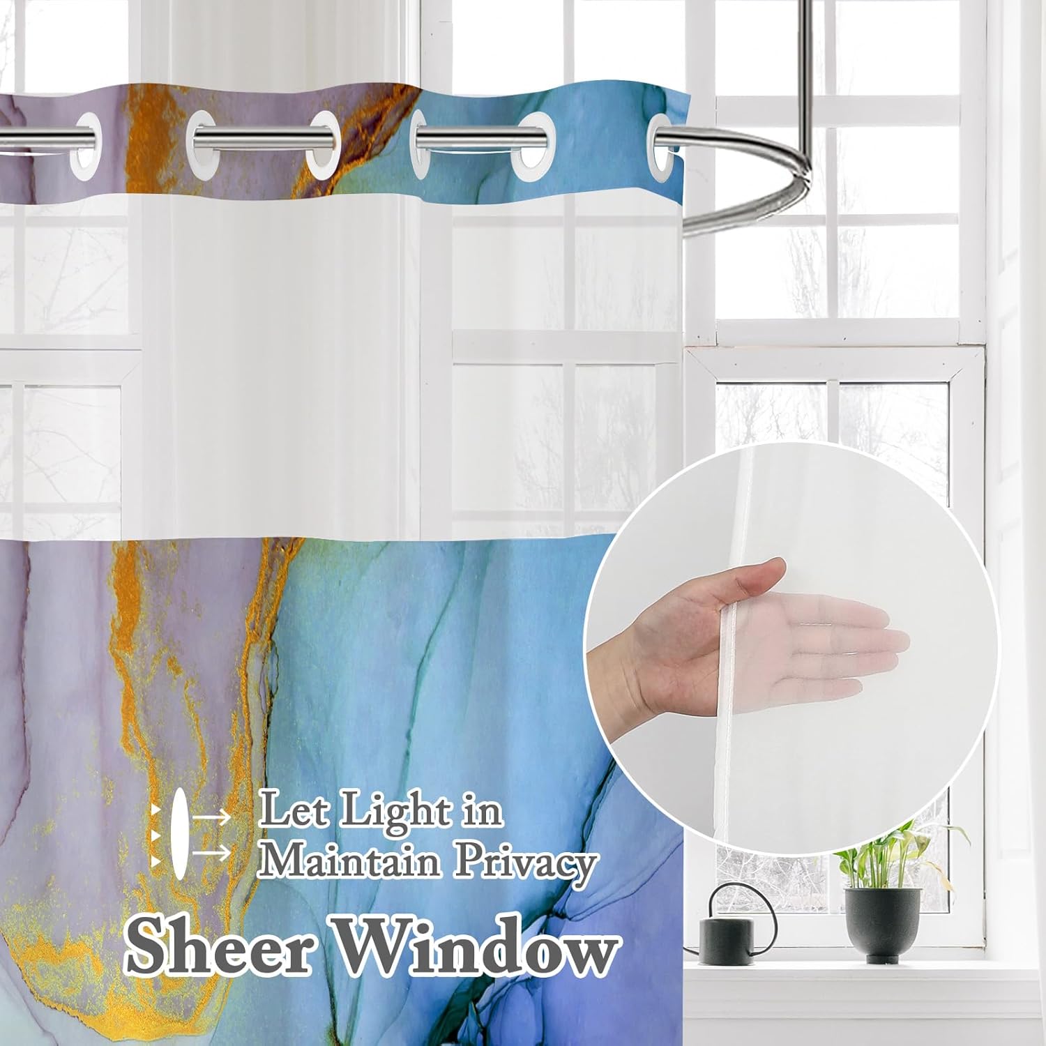Gibelle Extra Long No Hook Marble Shower Curtain with Snap-in Fabric Liner Set - 72" x 86"(84"), Hotel Style with See Through Top Window, Waterproof & Washable, Blue Purple