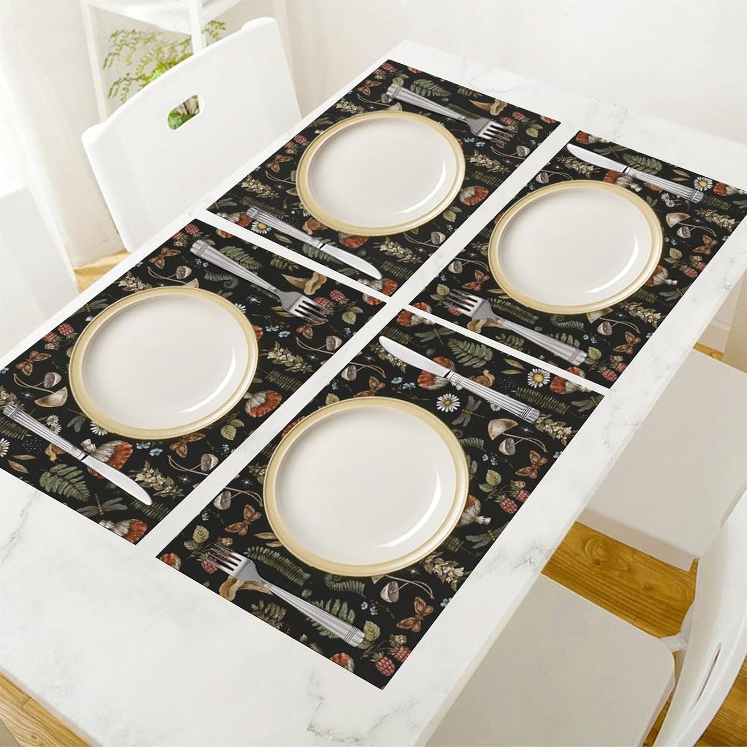 Mushroom Placemats Set of 6,Vintage Gothic Mushroom Fern Kitchen Place Mats Linen 12x18 Inch,Black 6 PCS, Style-5