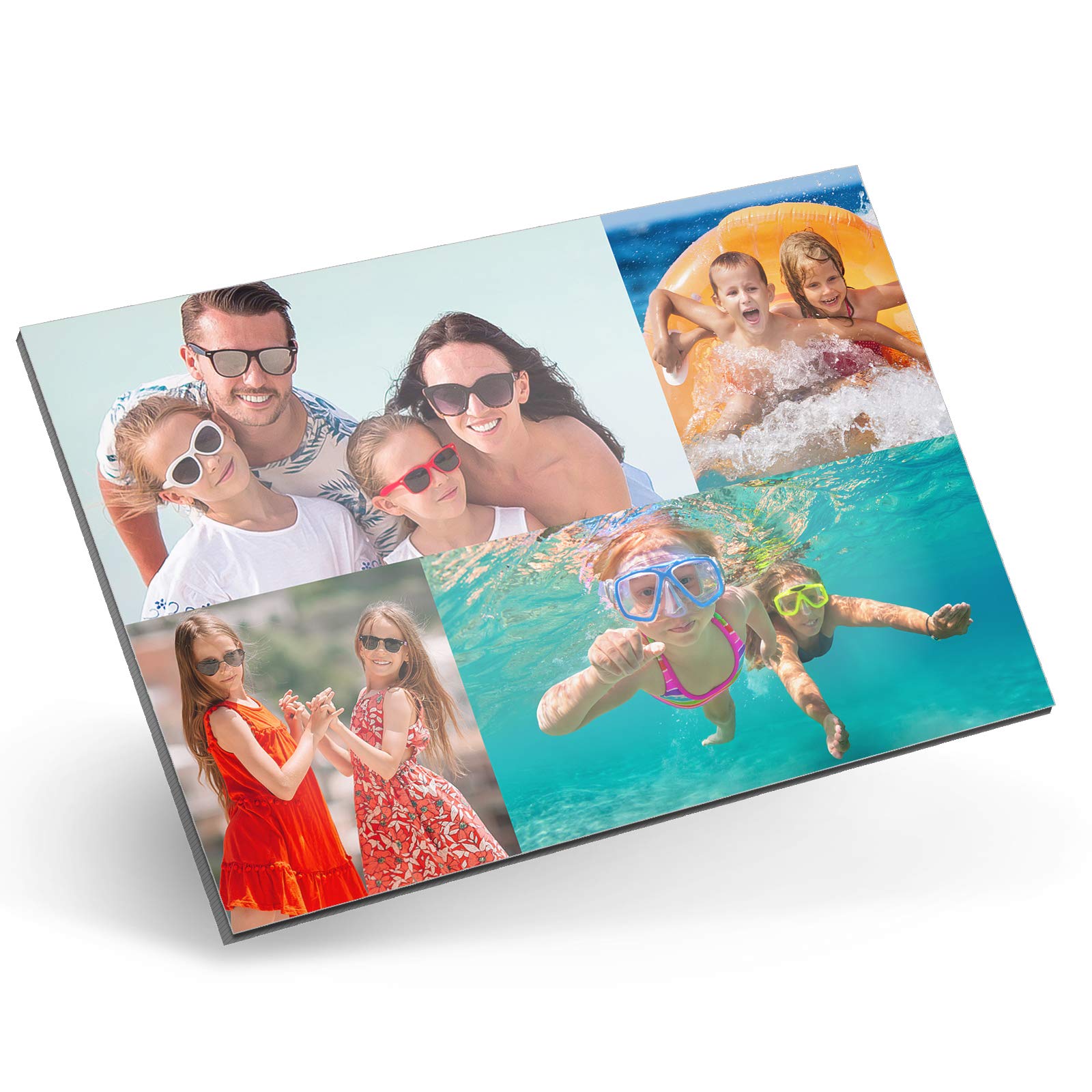 Hairyworm Personalised Wall Art, A5 Landscape (H:145.5mm x W:208mm) Metal Plaque with High-Definition Print, Customise with Four image Collage, Two Large and 2 Small Photos, Borderless Layout A