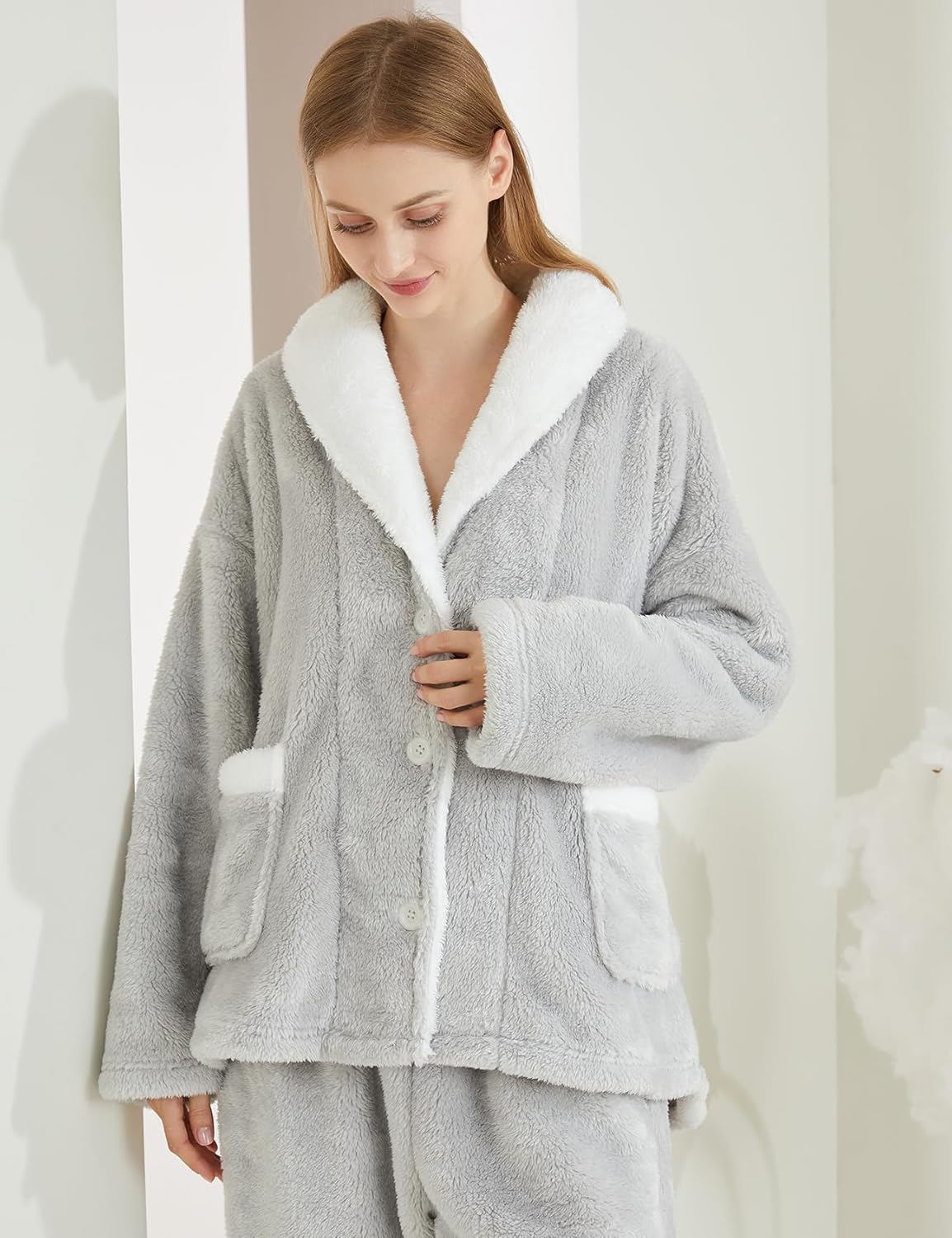 Arssm Womens Fluffy Pajama Set 2 Piece Pjs Set Fuzzy Sleepwear Top Pants Coral Fleece Lounge Set Button Down Pjs - Image 2