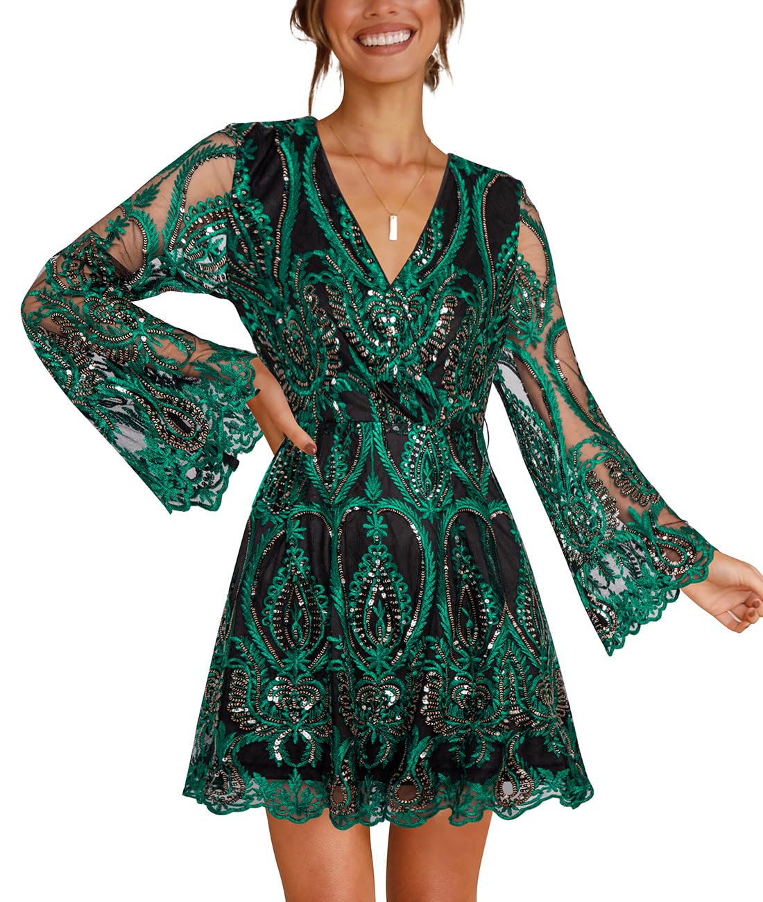 CosonsenWomen's Sequin Dress Long Sleeve Deep V Neck Embroidery Event Party Cocktail Mini Skater Dresses